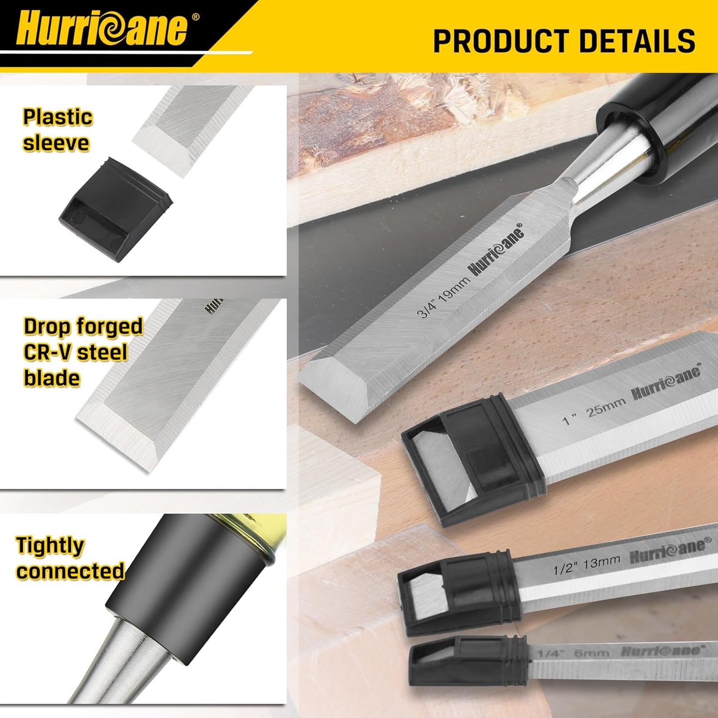 HURRICANE 4 Piece Wood Chisel Set for Woodworking. CR-V Steel Beveled Edge Blades with Safety Caps. Durable PVC High Impact Handle, for Precision Carving & DIY Projects (1/4", 1/2", 3/4", 1")