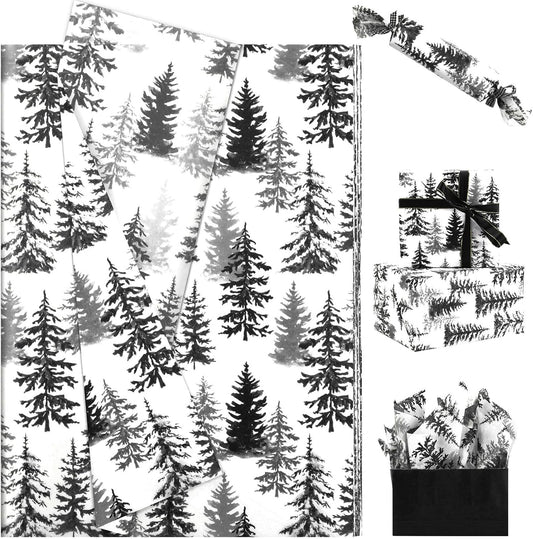 100 Sheets Christmas Tree Tissue Paper, 20x14in Forest Style Wrapping Tissue Watercolor Xmas Tree Art Tissue for Xmas Party Gift Bag Fillers Winter Party Decor (Black)