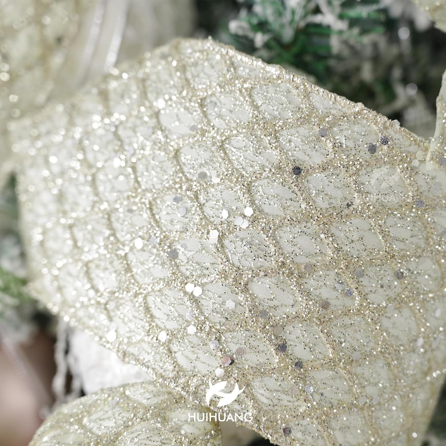 HUIHUANG Champagne Wired Ribbon 4 inch Glitter Christmas Tree Ribbon Diamond Mesh Wire Ribbon for X-mas Tree Decorations, Wreaths, Garland, Large Bows Making, Wedding Decor -10 Yards