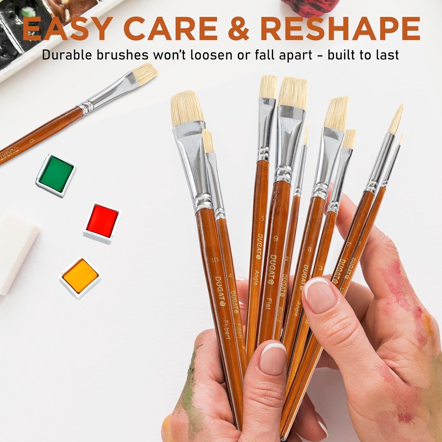 10pcs Short Handle White Hog Hair Artist Paint Brush Set by DUGATO Perfect for Acrylic Oil Gouache Watercolor, Painting Brushes Kit for Kids, Adults Fabulous for Canvas & Fabric