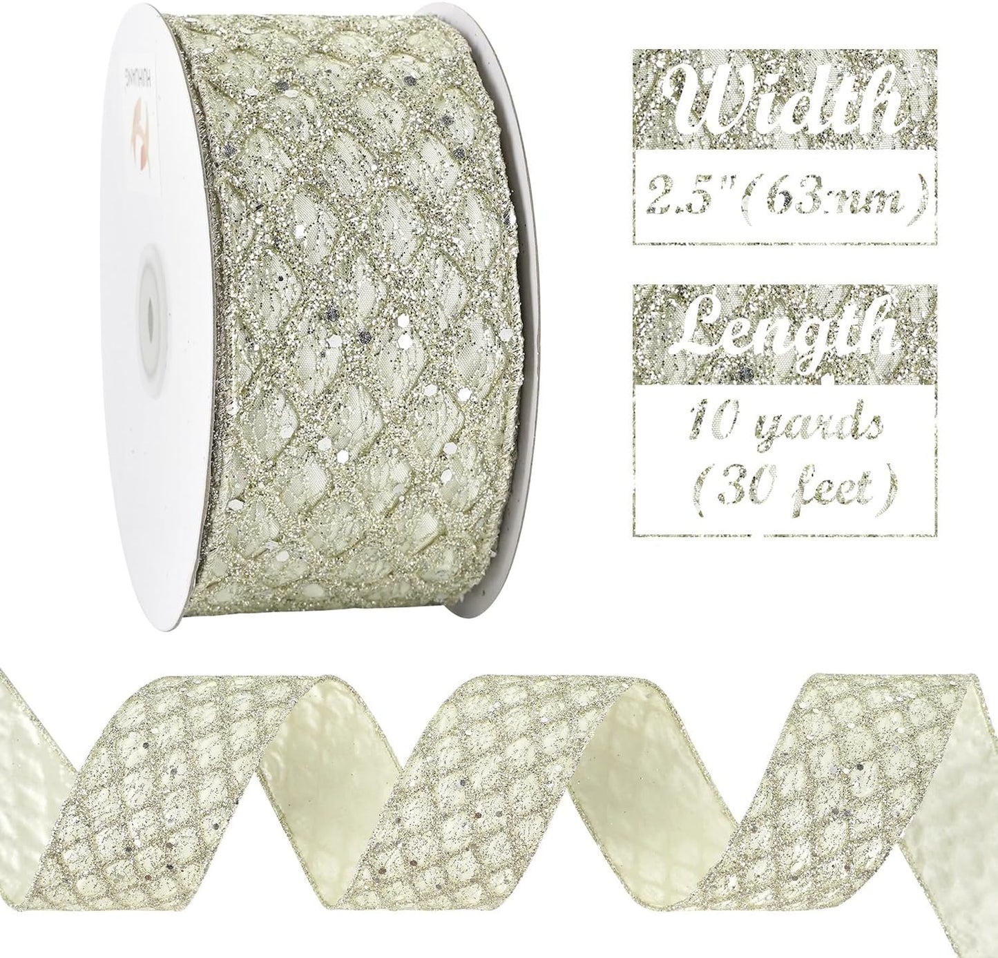 HUIHUANG Champagne Glitter Wired Ribbon for Christmas Tree 2.5 inch Light Champagne Diamond Mesh Ribbon for Tree Decoration, Wreaths, Garland, Gift Wrapping, Bows Making, Home Decor -10 Yards