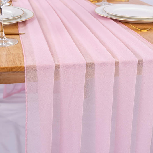 10ft Blushing Pink Chiffon Table Runner 30 x 120 Inches Romantic Sheer Table Decorations Long Tulle Runner for Wedding Bridal Shower Party Supplies Decor