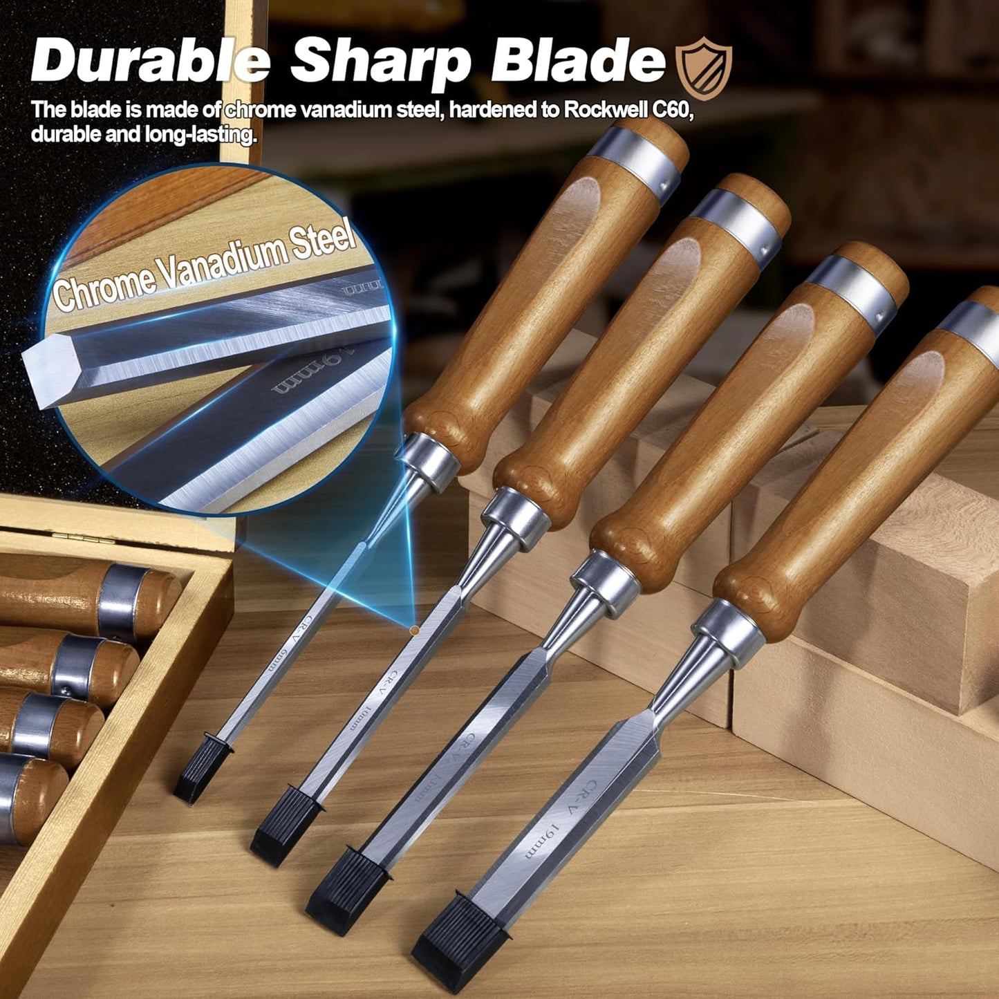 10 Pieces Wood Chisel Set, 1/4"~2" Woodworking Chisel Kit with Sharp CR-V 60 Steel Blades, Wooden Box, Honing Guide, Sharpening Stone for Carpenter Craftsman Woodworker