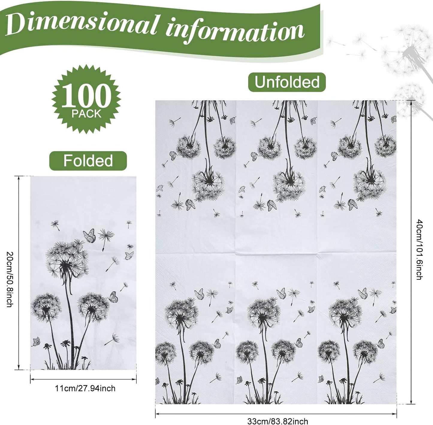100 Sheets Dandelion Guest Towels Disposable for Bathroom Disposable Paper Napkins for Dinner Party Kitchen Floral Paper Hand Towels for Guest Party Supplies (4.3 x 7.9 Inch)