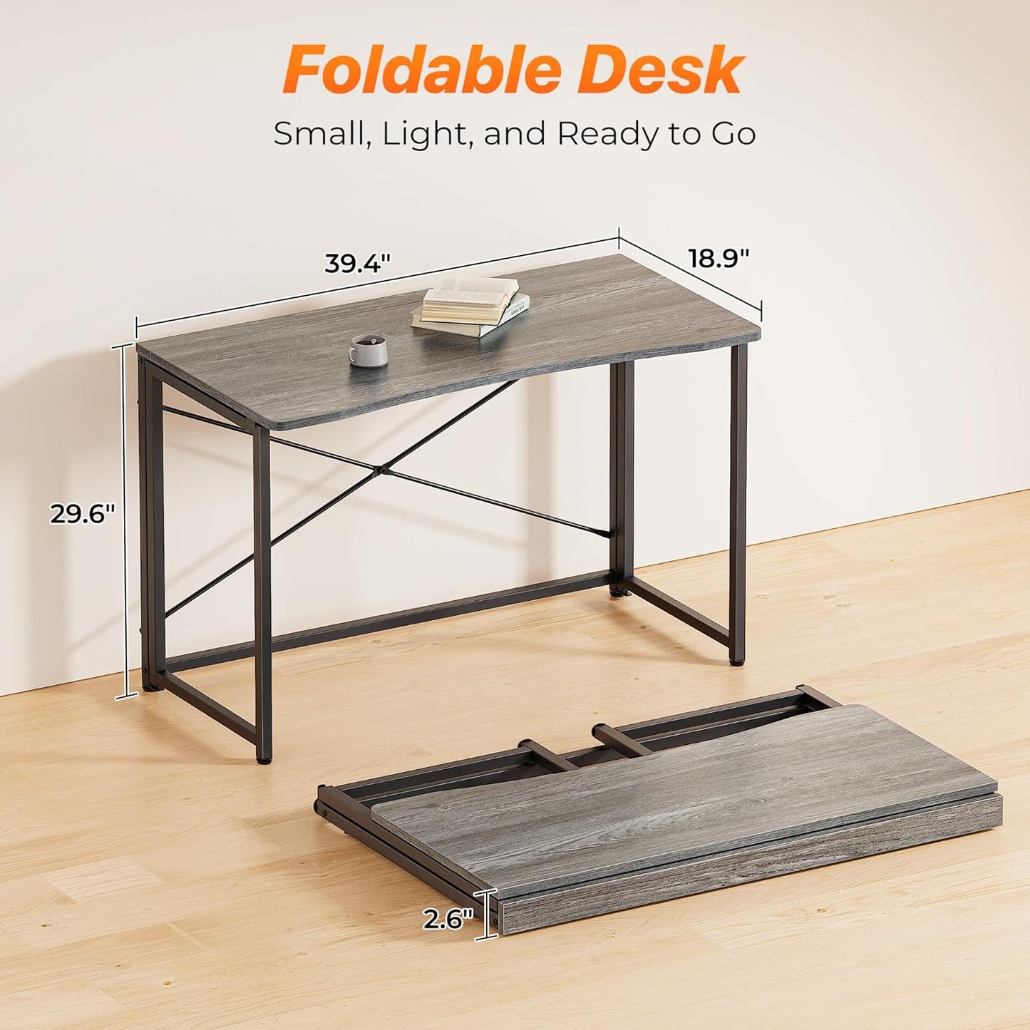 Huuger Folding Desk for Small Spaces, 39.3 Inch Foldable Computer Table, for Home Office, Study, Bedroom, Dorm, Space Saving, Small Writing Work Office Computer Desk, Easy to Fold, Grey