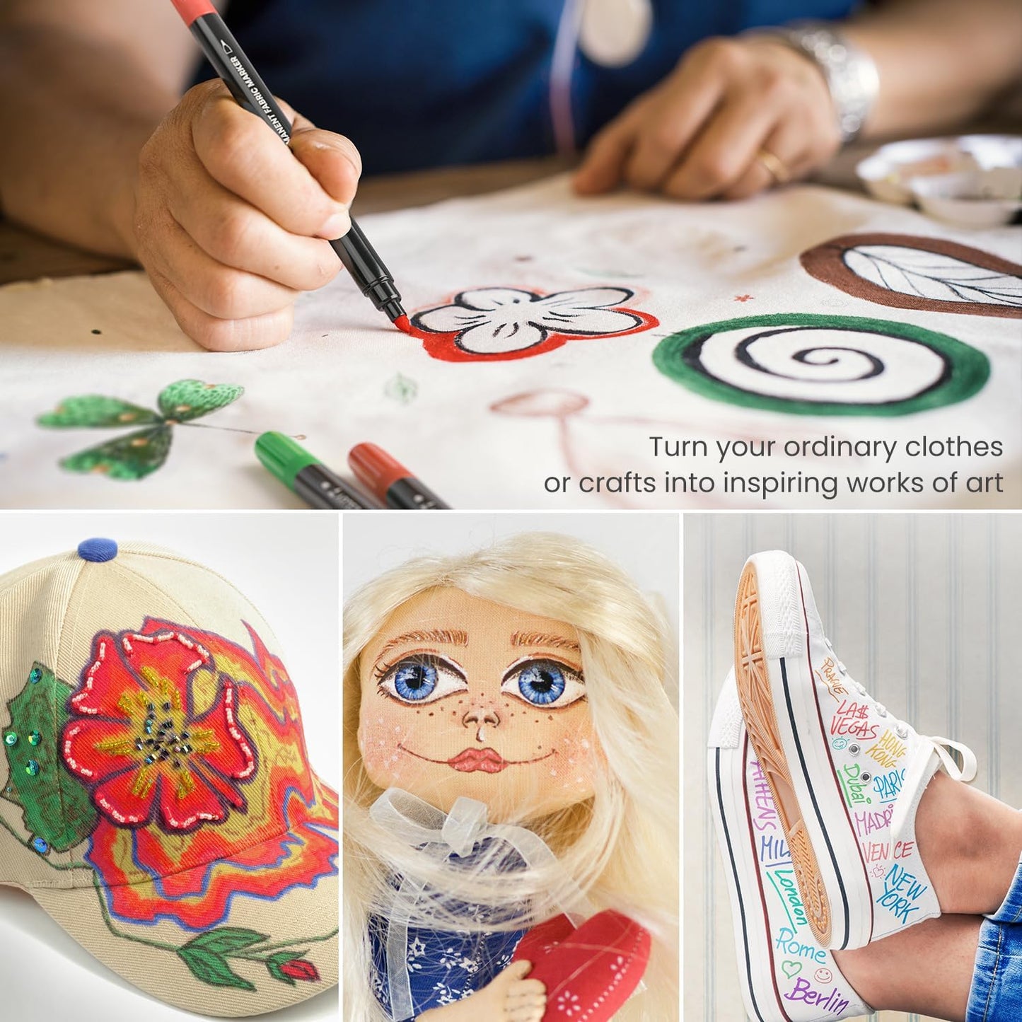 ARTEZA Fabric Markers, Set of 30, Colored Permanent Textile Markers, Dual-Tip Pens for Coloring T-Shirts, Jeans, Jackets, Backpacks