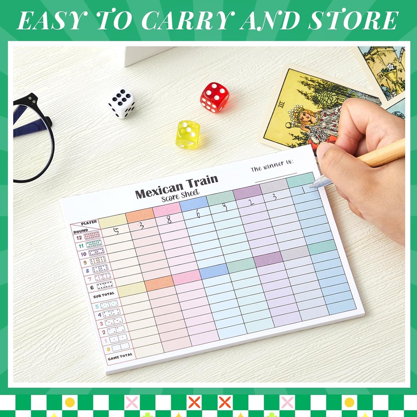 1 Pack 60 Sheets Mexican Train Score Pads Colorful Chicken Foot Dominoes Game Scorepad Adult Mexican Train Score Sheet Scoreboard Paper Record Clearly for Family Game (6.7 x 5 Inches)