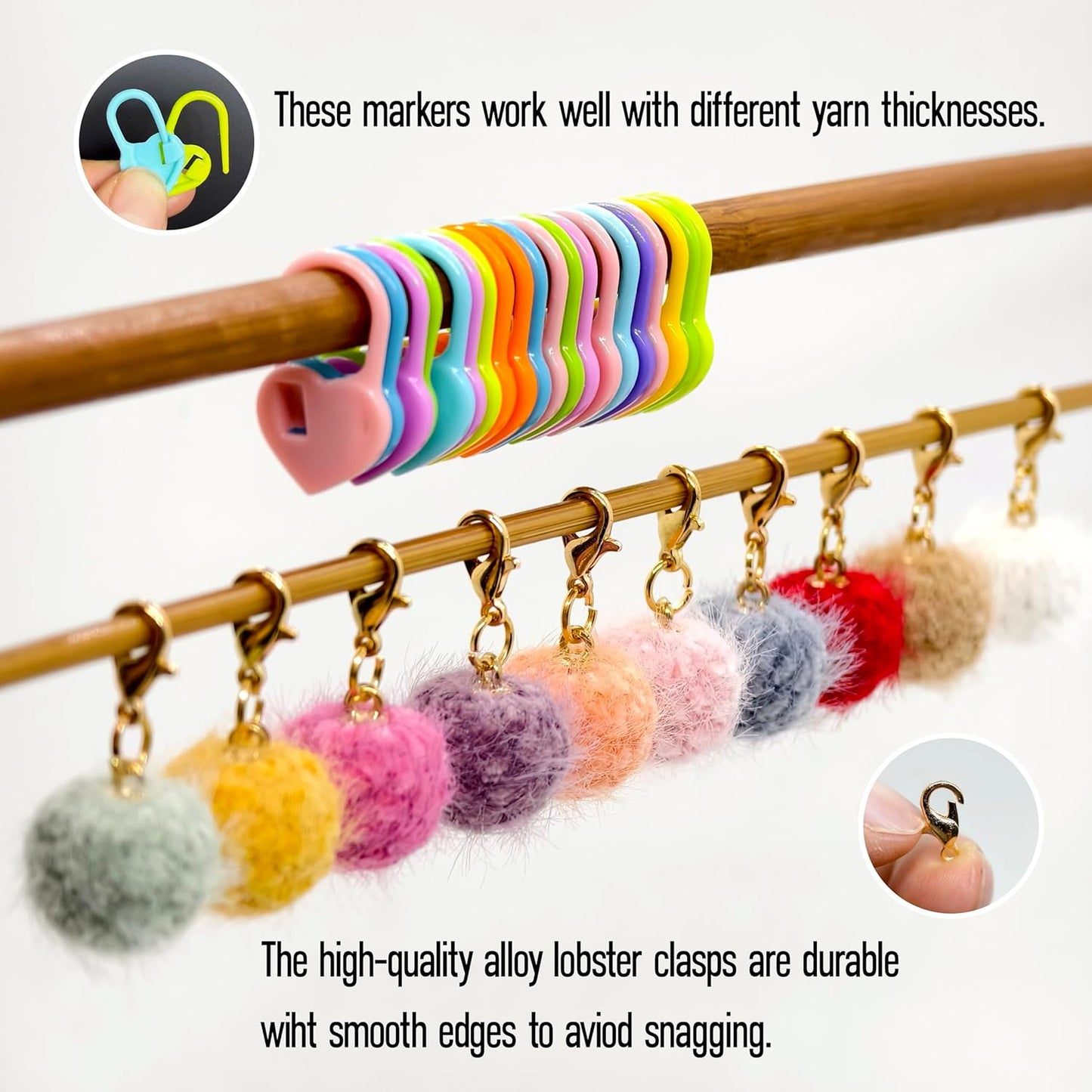 10 Pcs Cute Wool Ball Stitch Markers for Crocheting with Alloy Lobster Clasps & 20 Pcs Heart-Shaped Knitting Markers,for Knitting & Crochet Supplies,Suitable for Various Yarn thicknesses.