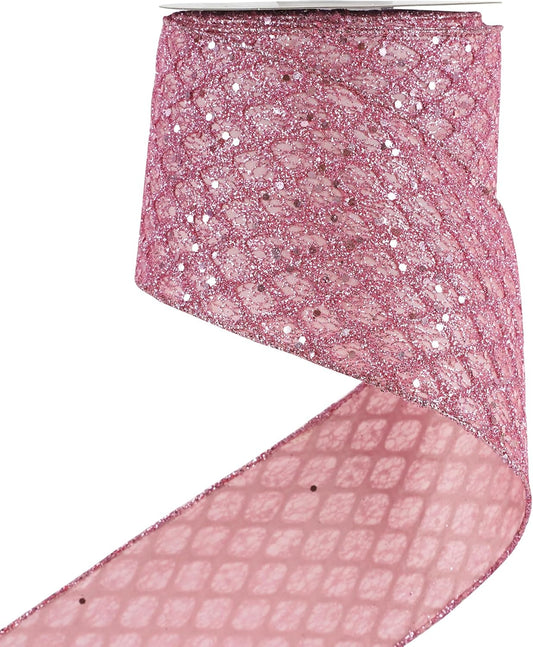 HUIHUANG Pink Wired Christmas Ribbon 4 inch Light Pink Glitter Wired Ribbon Diamond Mesh Wire Ribbon for X-mas Tree Decorations, Wreaths, Garland, Large Bows Making, Home Decor -10 Yards