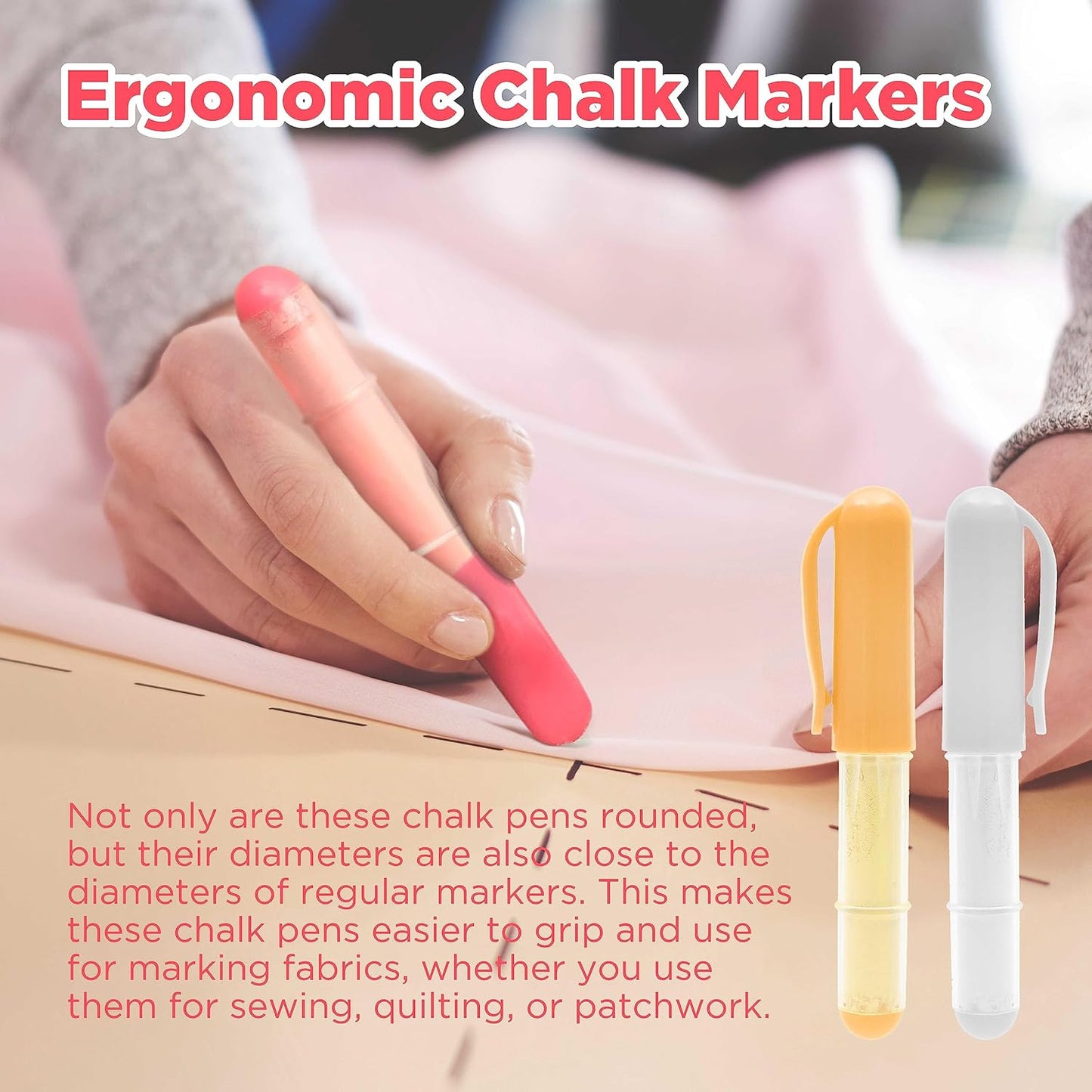 (3-pack) Fabric Chalk Markers -Erase Tailor’s Chalk for Quilting and Sewing - Compatible with Most Fabrics - With Dosing Wheel Technology, Red, Yellow, White