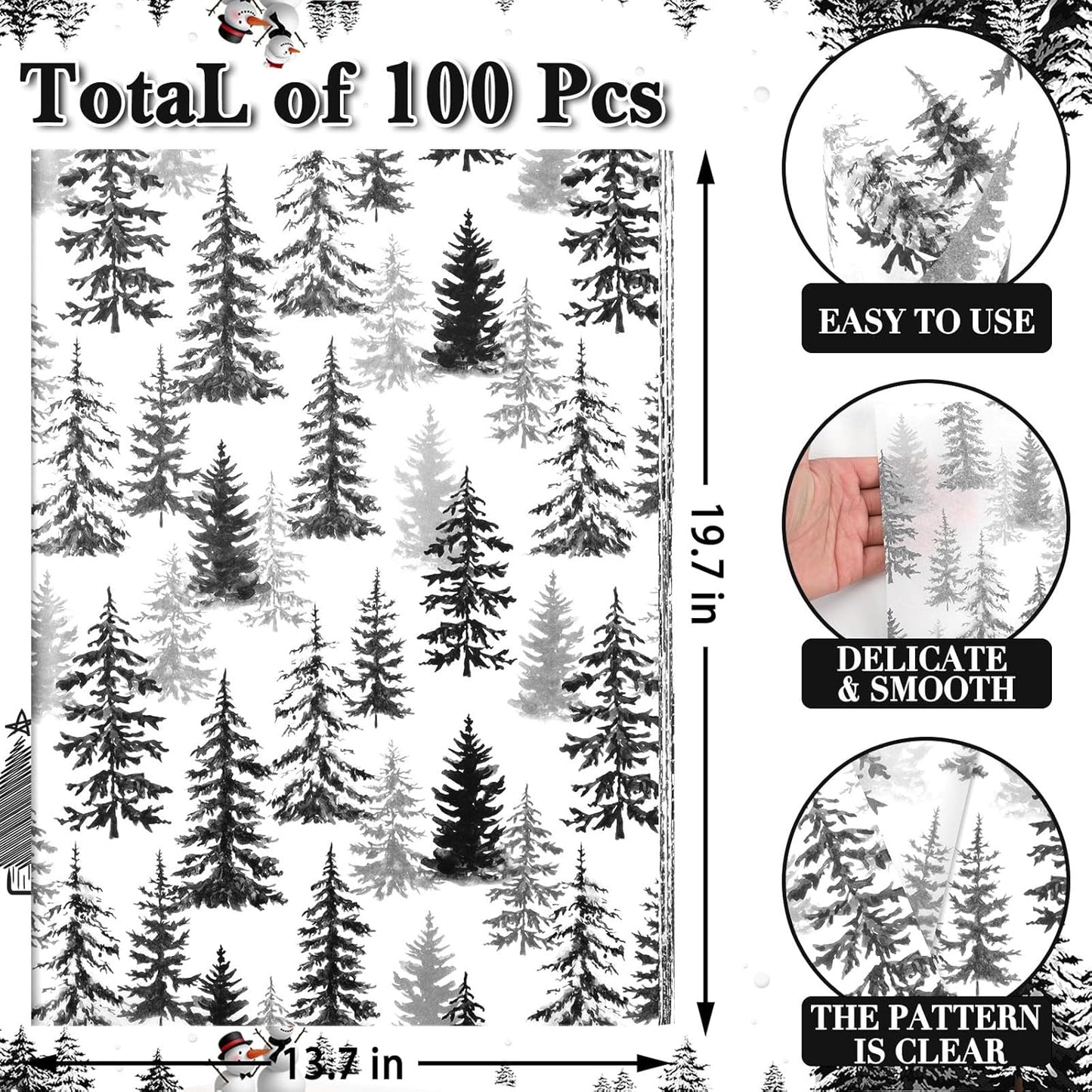 100 Sheets Christmas Tree Tissue Paper, 20x14in Forest Style Wrapping Tissue Watercolor Xmas Tree Art Tissue for Xmas Party Gift Bag Fillers Winter Party Decor (Black)