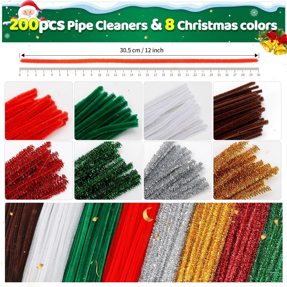IOOLEEM Christmas Pipe Cleaners, 200pcs in 8 Christmas Colors, Chenille Stems for Christams, DIY Christmas Crafts and Party Decors, Art and Craft Supplies.