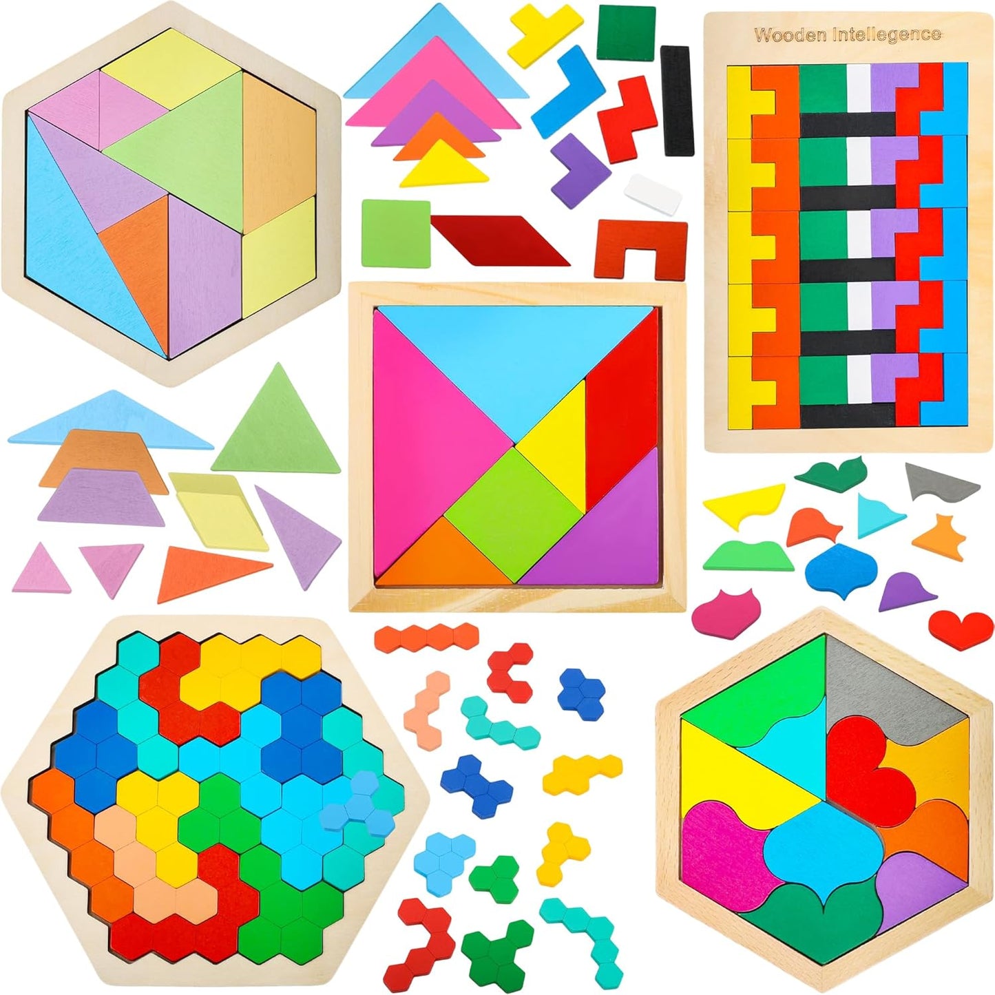 5 Pack Wooden Tangrams Puzzle Set Wooden Hexagon Puzzle Wood Russian Blocks Tangram Puzzle Brain Teaser Puzzles for Kids Adults 3D Logic Intelligence IQ Game Gift