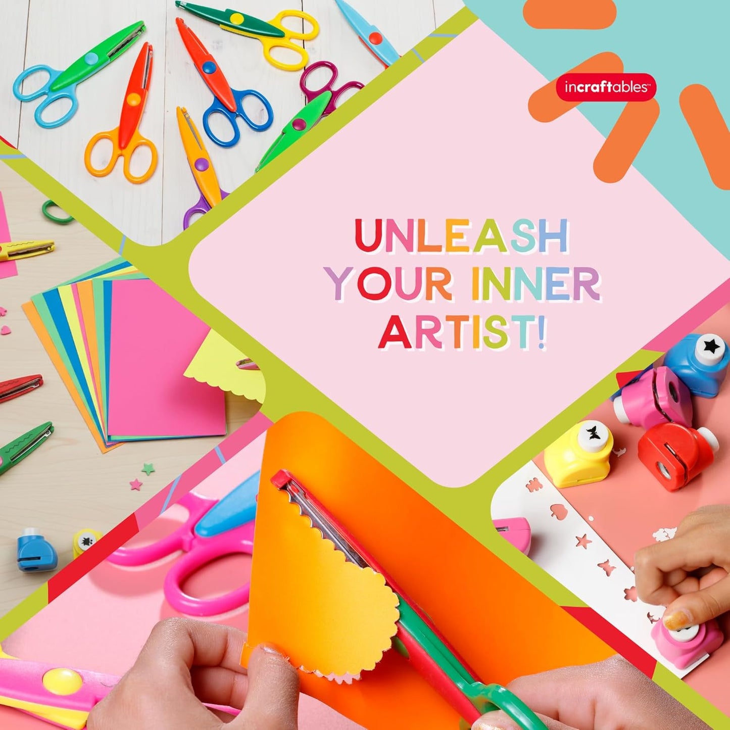 Incraftables Craft Scissors with Decorative Edge – 26 Piece Crafting Set - 6 Scissors with Fun Decorative Edge - 10 Paper Hole Punch Shapes & 10 Colorful Pieces of Paper
