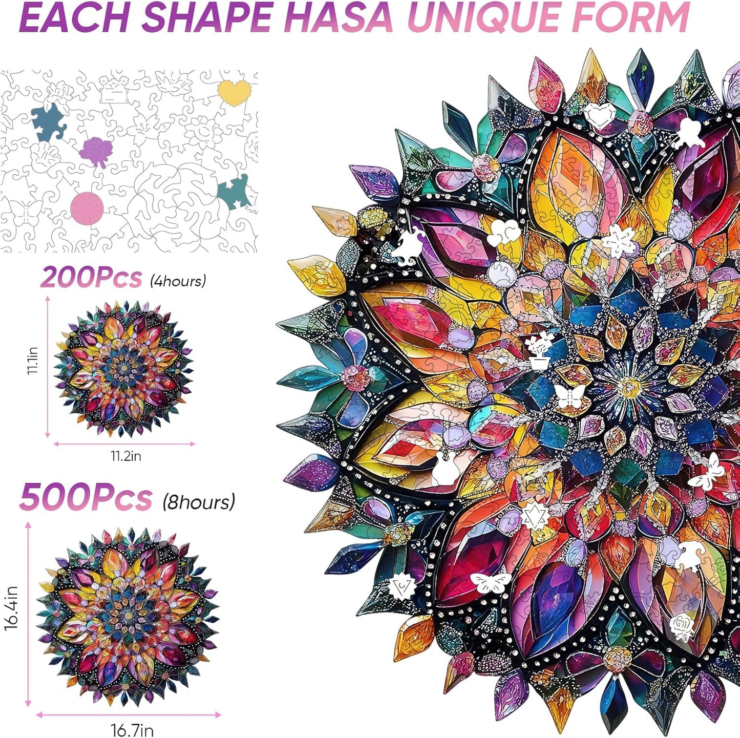 Puzzles for Adults Diamond Mandala Wooden Puzzles, 200 Pieces Unique Shaped Liberty Jigsaw Puzzles, Creative Toys for Adults and Kids, Fun Challenge Family Game 11.2'' x 11.2''