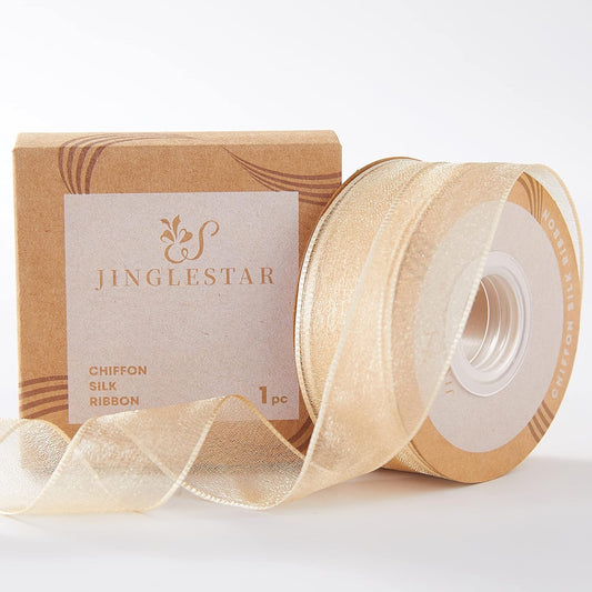 1 Inch Wide Sheer Chiffon Ribbon - Pearl Silk Woven Ribbon Suitable for Gift Wrapping, Wedding Decor, Home Decor, Girl Hair Accessories Handmade DIY (25 Yards/roll) (Champagne)