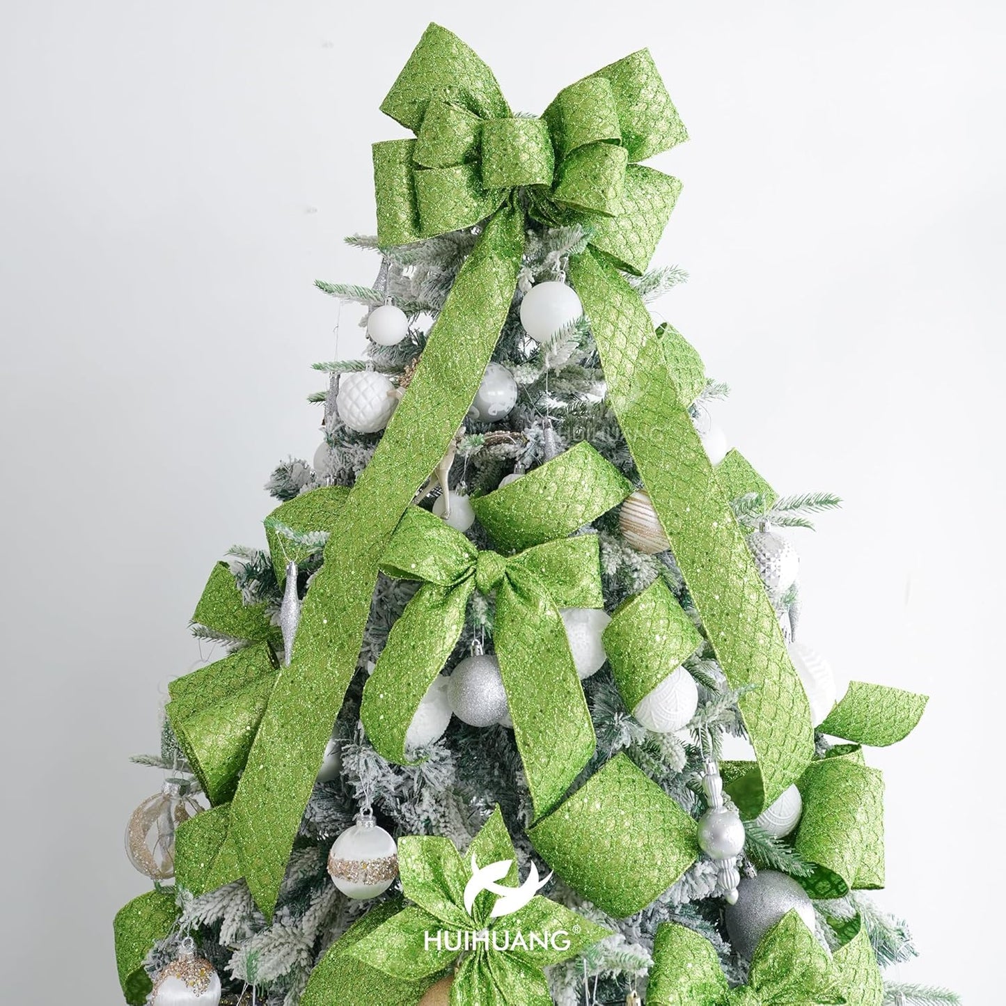 HUIHUANG Lime Green Glitter Wired Ribbon - 4 inch x 10 Yards (30 Feet) - Polyester Material - Perfect for Christmas, Halloween & More - Geometric Pattern - Wired Edges for Easy Shaping