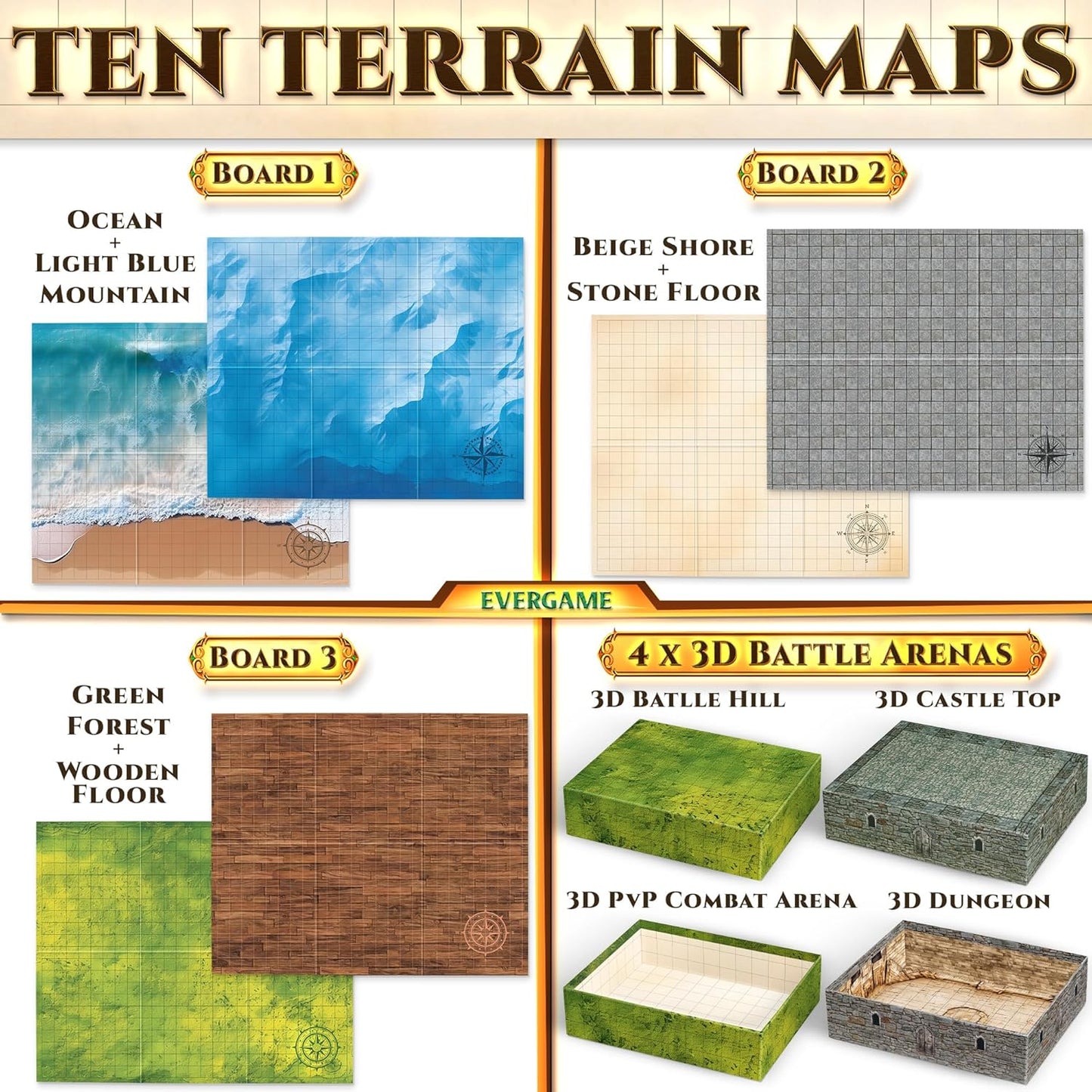 10 DND Game Mats and a lot More - Includes 6 Dungeons & Dragons Board Game Battle Maps (1" Square Grid), Huge Size 22x26-4 3D Battle Arenas, 140+ Reusable Stickers, 4 Markers & Eraser, by EverGame