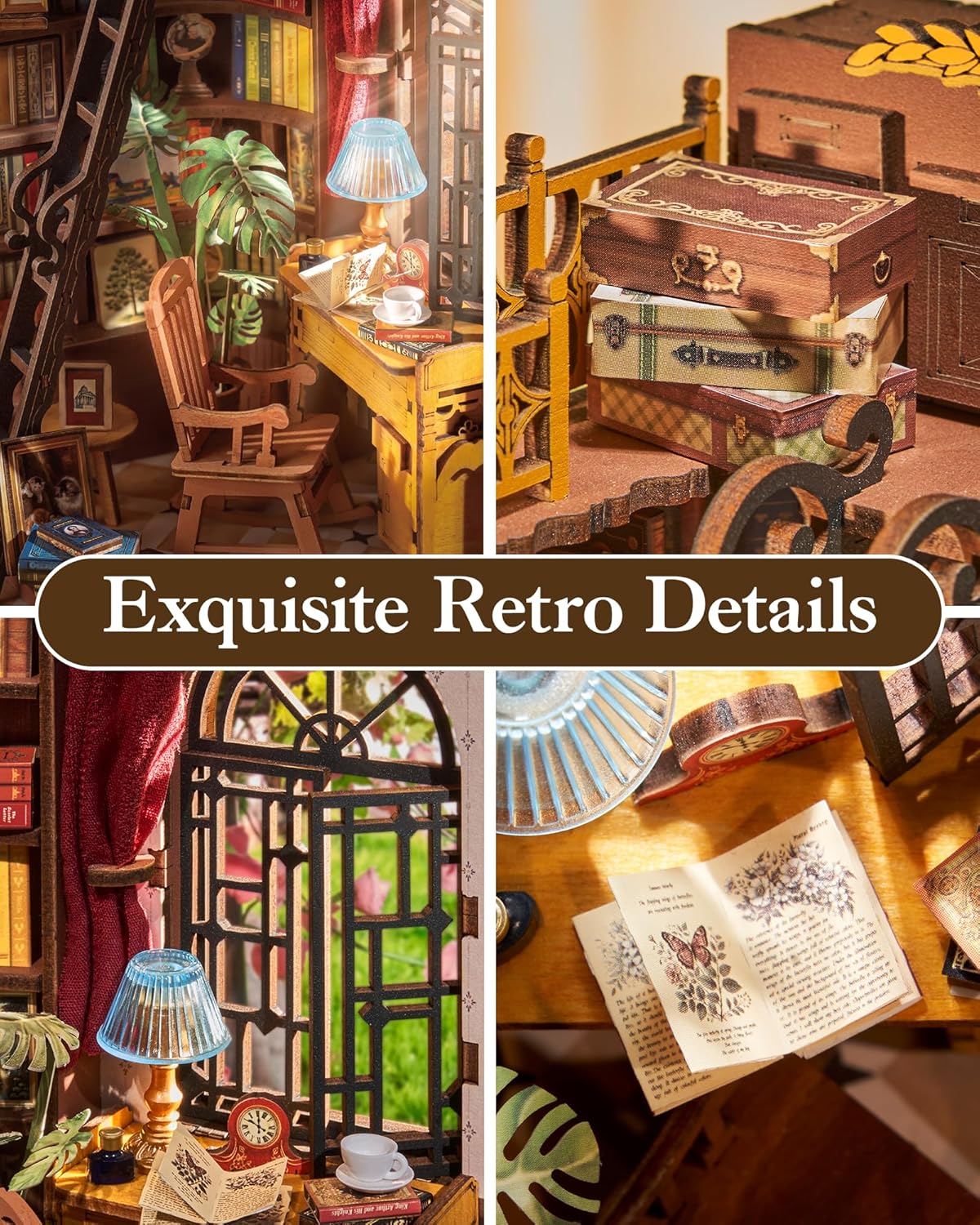 ROBOTIME Book Nook Kit, DIY Miniature House Kit, 3D Wooden Puzzle Bookends,Bookshelf Decor, Simple Assembly Dollhouse Kit, Creative Unique Gifts for Adults/Teens/Beginner (Silent Corner Study)