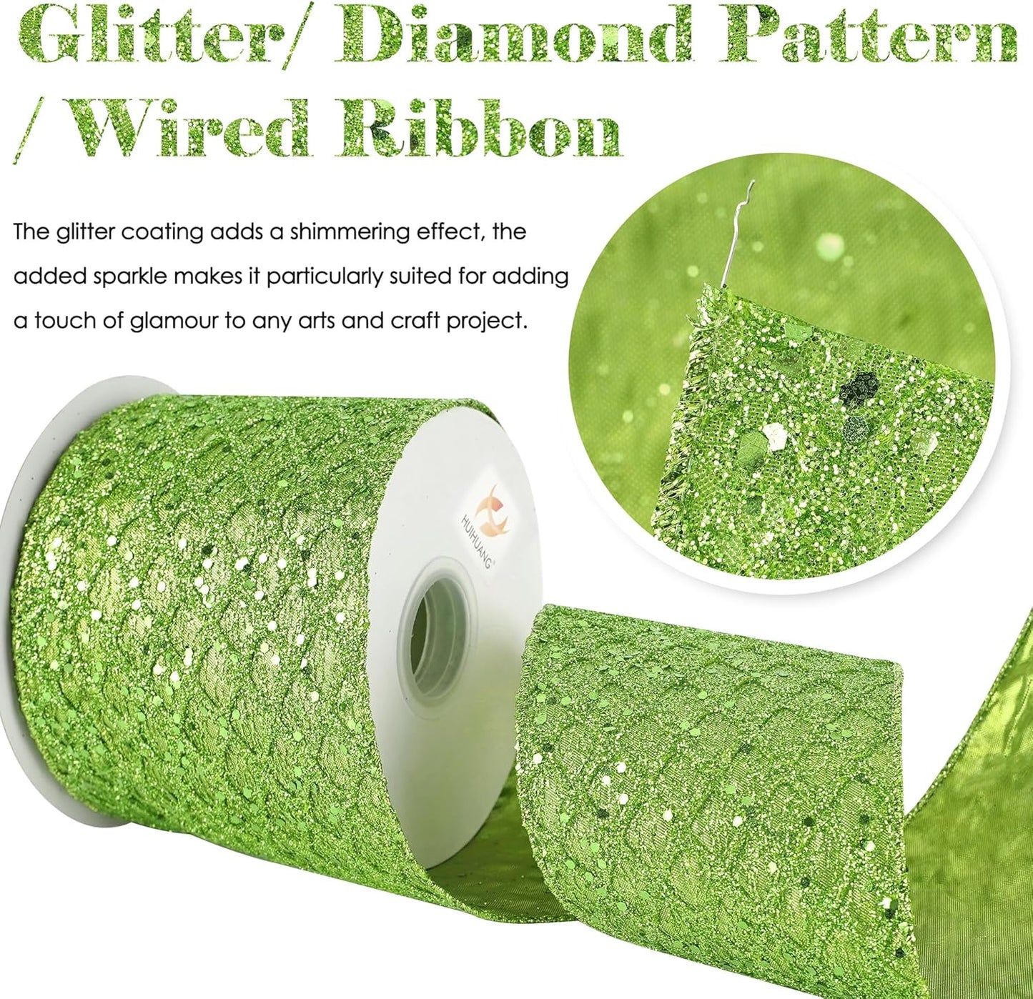 HUIHUANG Lime Green Glitter Wired Ribbon - 4 inch x 10 Yards (30 Feet) - Polyester Material - Perfect for Christmas, Halloween & More - Geometric Pattern - Wired Edges for Easy Shaping