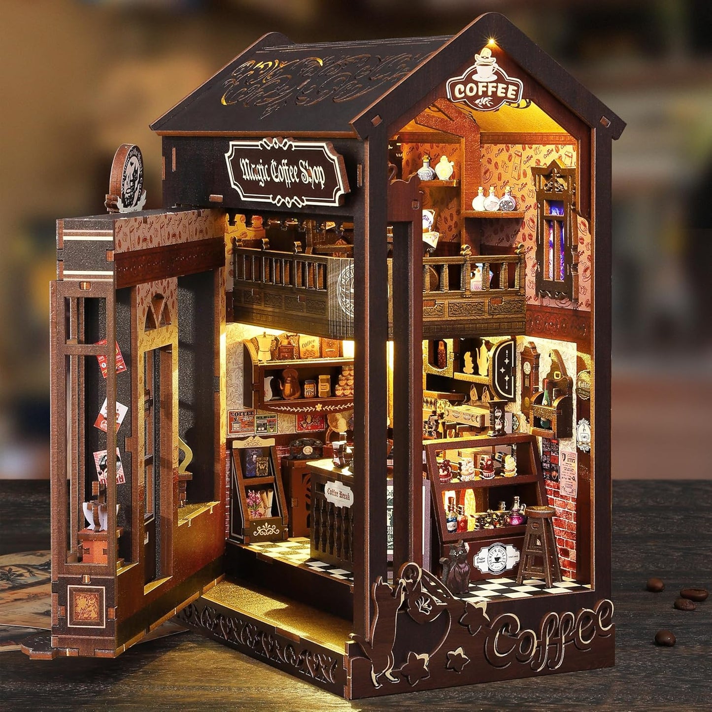 ISSEVE Book Nook Kit - DIY Miniature Dollhouse Booknook for Adults Teen, 3D Wooden Puzzle Tiny House Kit Bookshelf Decor, Gifts for Men Women Halloween Christmas Birthday (Coffee Shop)