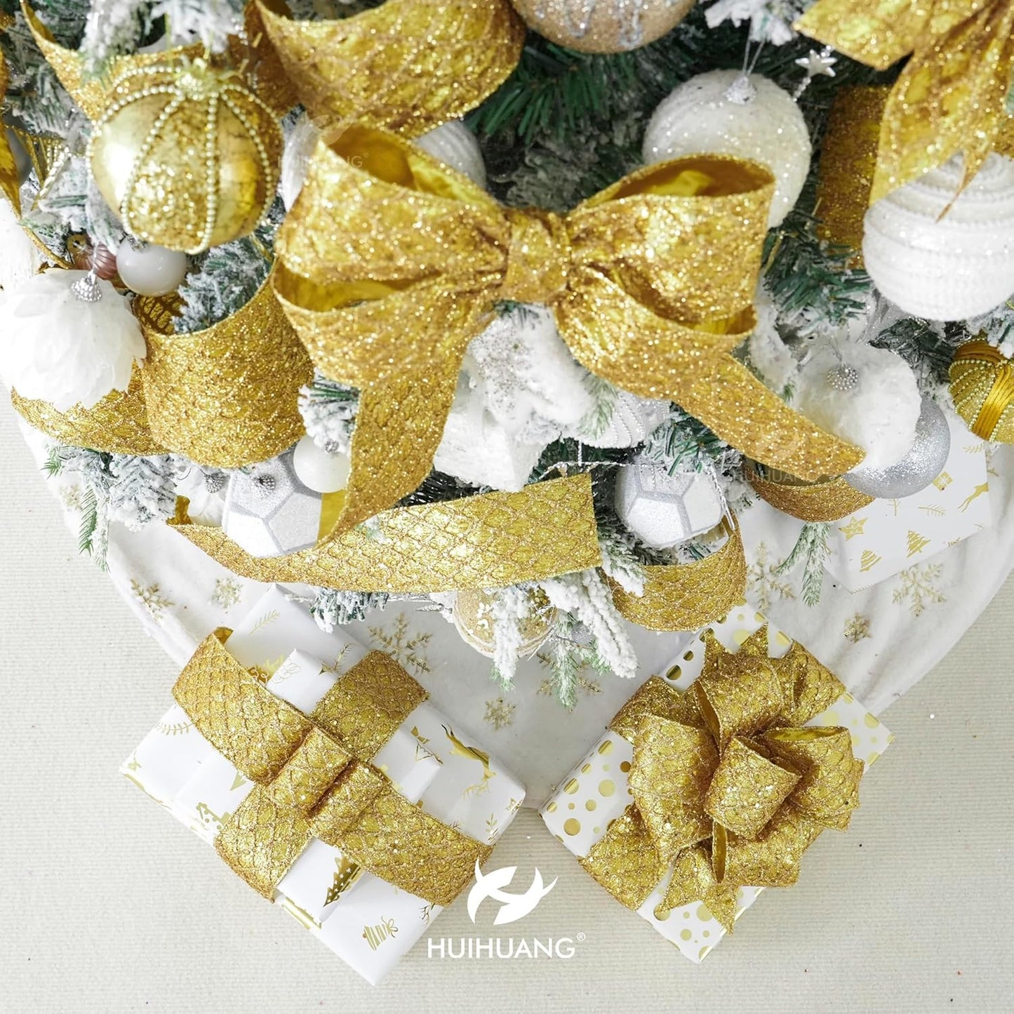 HUIHUANG Gold Glitter Wired Ribbon, 4 inch x 10 Yards, Polyester, Christmas, Gold, Geometric Pattern, Perfect for Tree Decorations, Wreaths, Gift Wrapping