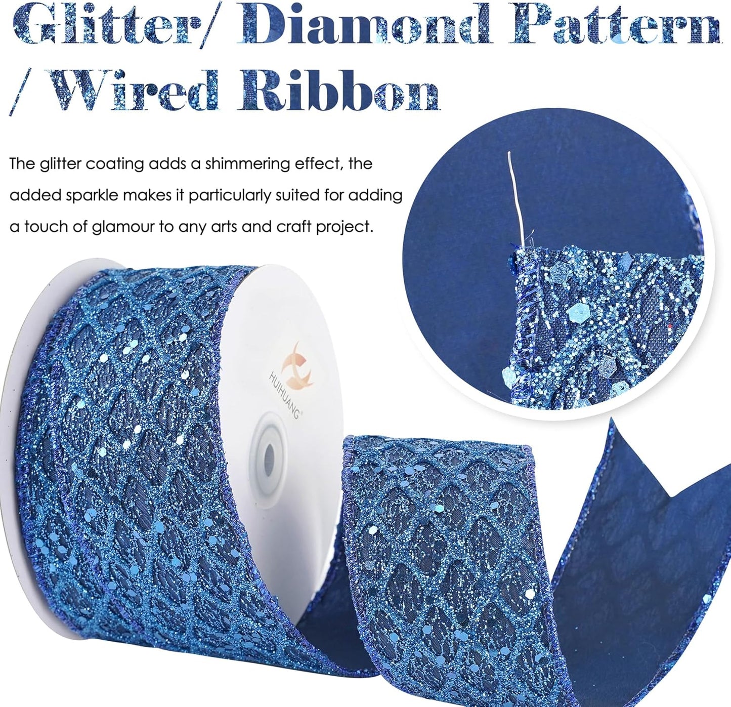 HUIHUANG Navy Blue Wired Ribbon 2.5 inch Glitter Diamond Mesh Wire Edge Ribbon for Christmas Tree, Wreaths, Garland, Gift Wrapping, Bows Making, Holiday Decor -10 Yards