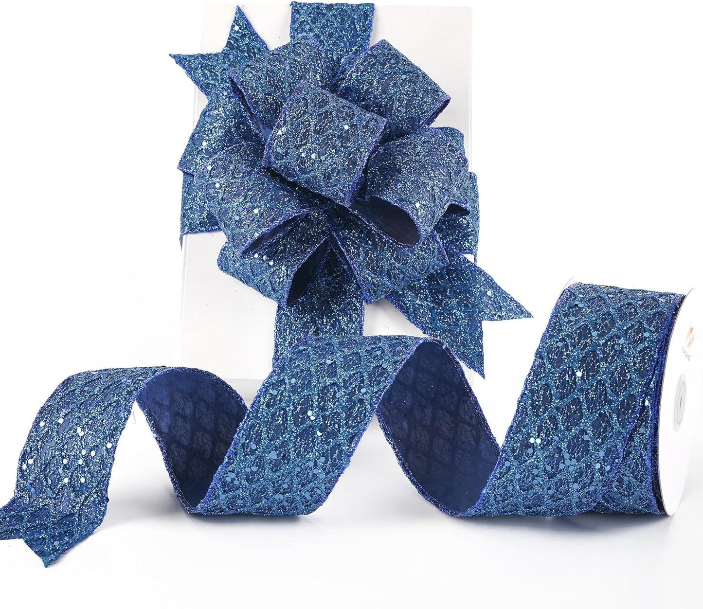 HUIHUANG Navy Blue Wired Ribbon 2.5 inch Glitter Diamond Mesh Wire Edge Ribbon for Christmas Tree, Wreaths, Garland, Gift Wrapping, Bows Making, Holiday Decor -10 Yards