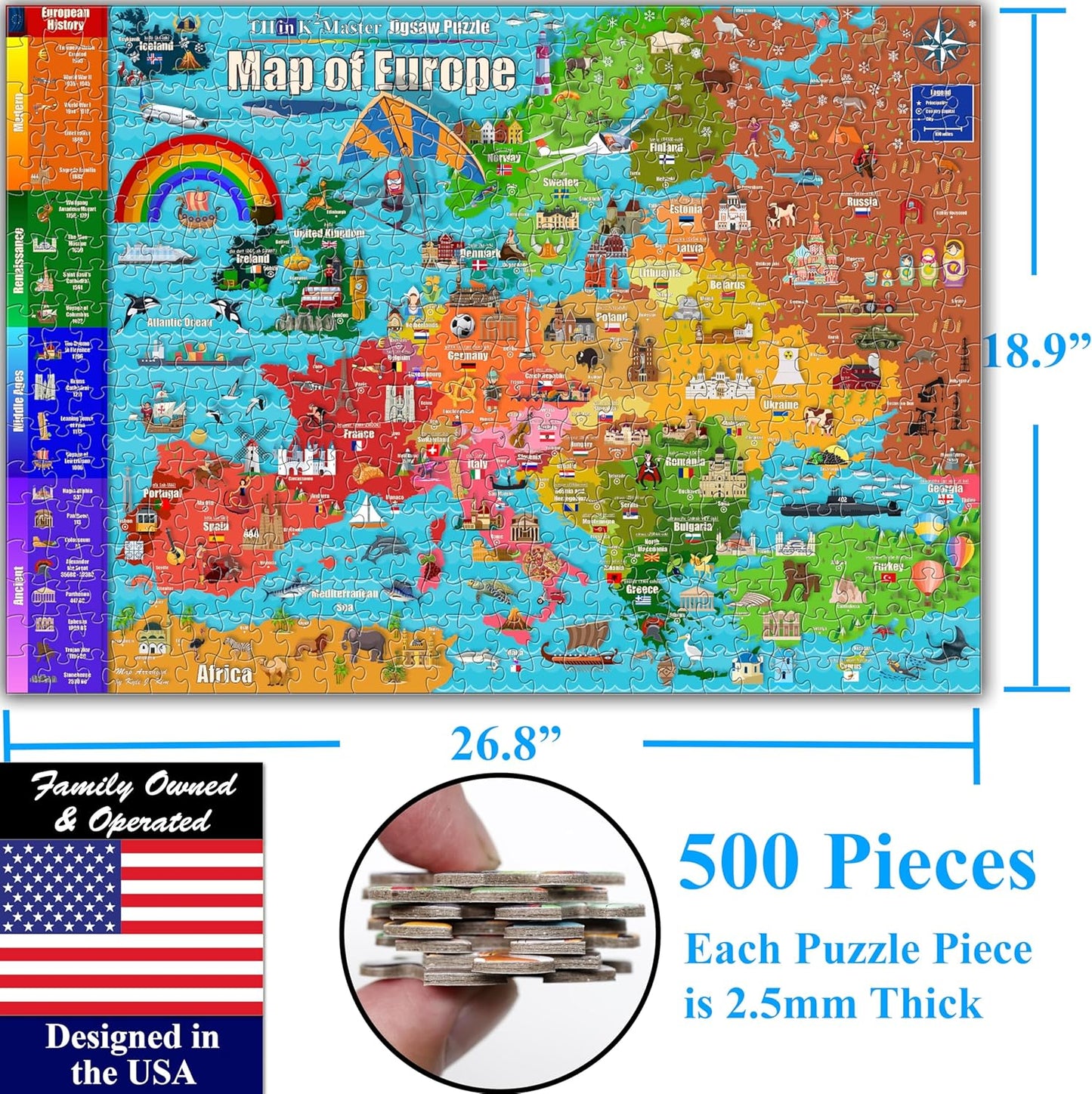 Think2Master Colorful Map of Europe 500 Pieces Jigsaw Puzzle for Kids 12+, Teens, Adults & Families. Great Gift for stimulating Interest in The European Map. Size: 26.8” X 18.9”