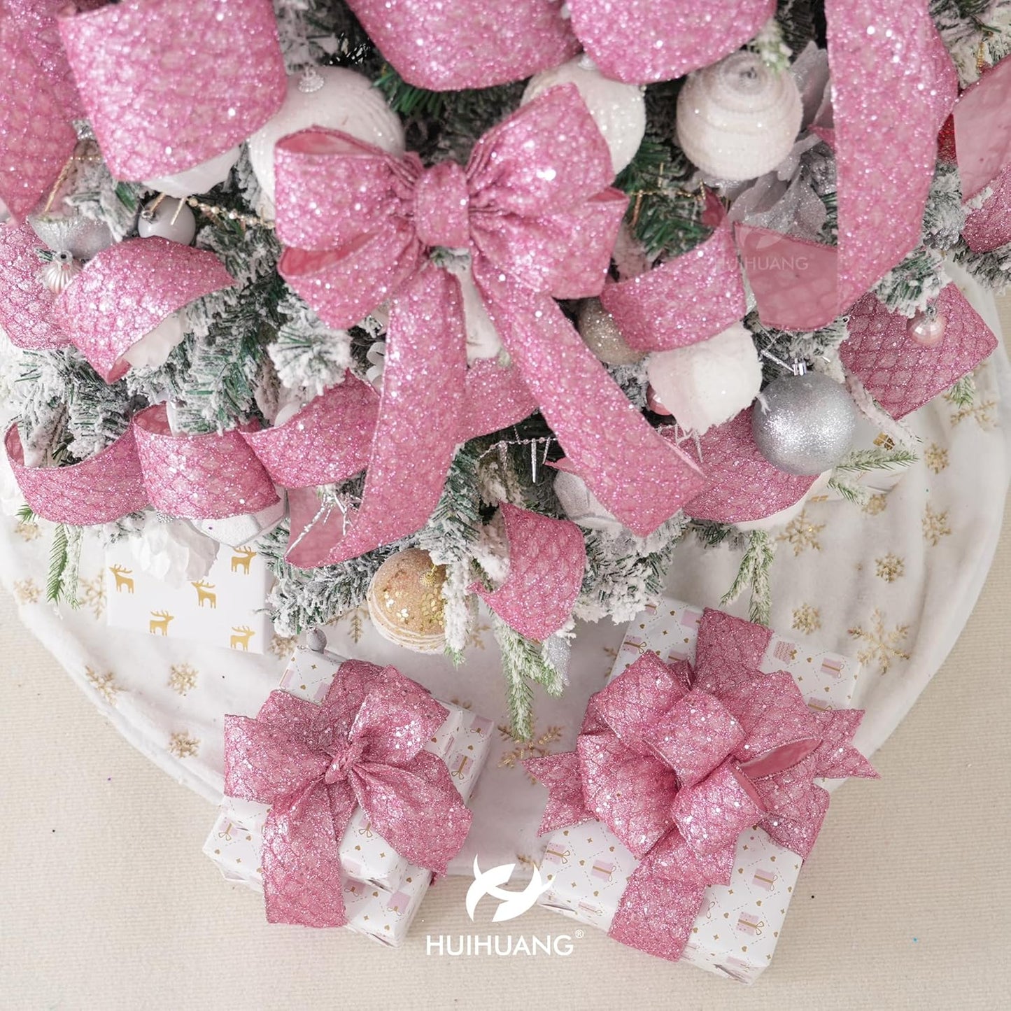 HUIHUANG Pink Wired Christmas Ribbon 4 inch Light Pink Glitter Wired Ribbon Diamond Mesh Wire Ribbon for X-mas Tree Decorations, Wreaths, Garland, Large Bows Making, Home Decor -10 Yards