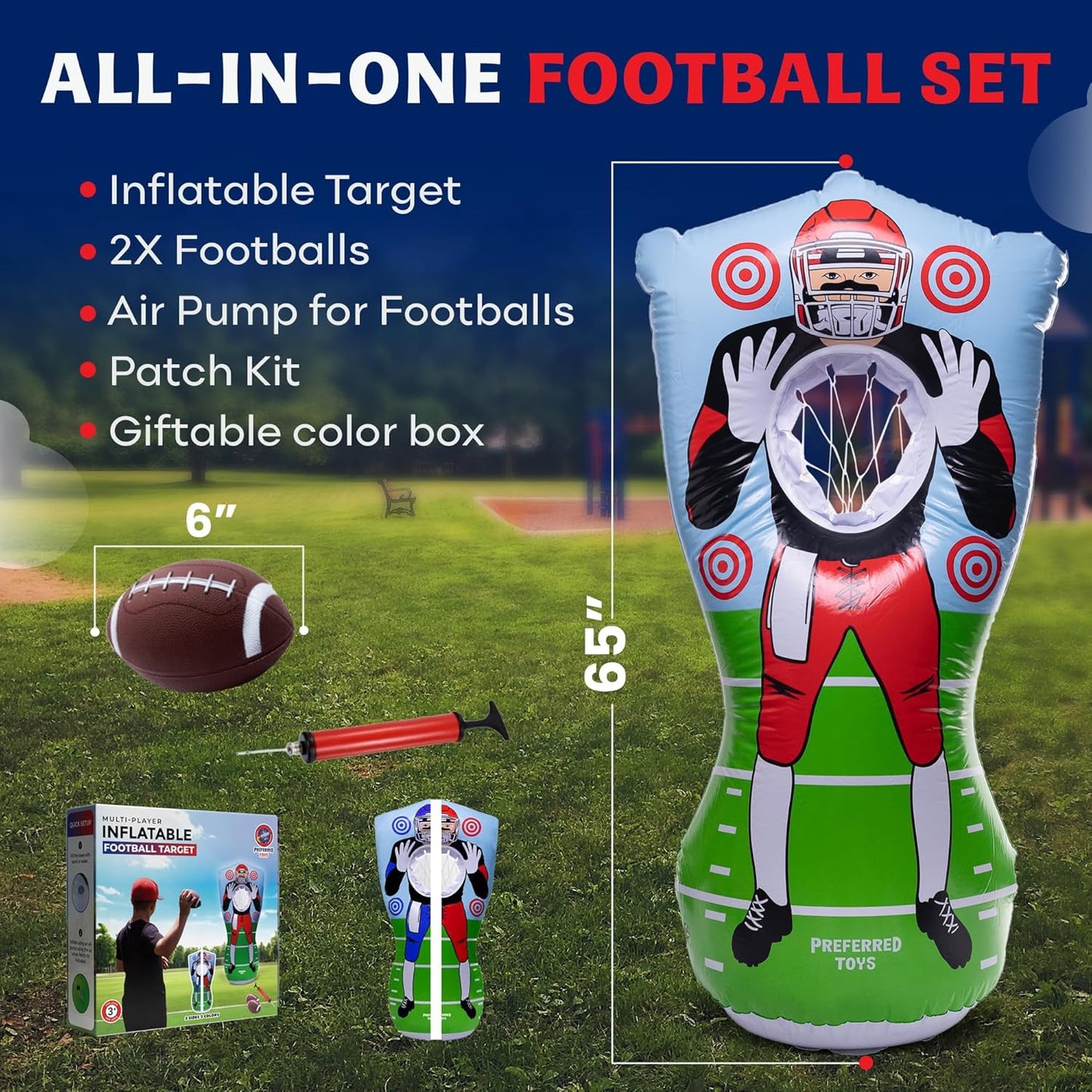 Inflatable Football Target - Double-Sided Toss Training Game with Mini Footballs - Fun Kids Throwing Football Games for Indoors, Outdoors, Birthdays, Camping, Beach - 65 Inch