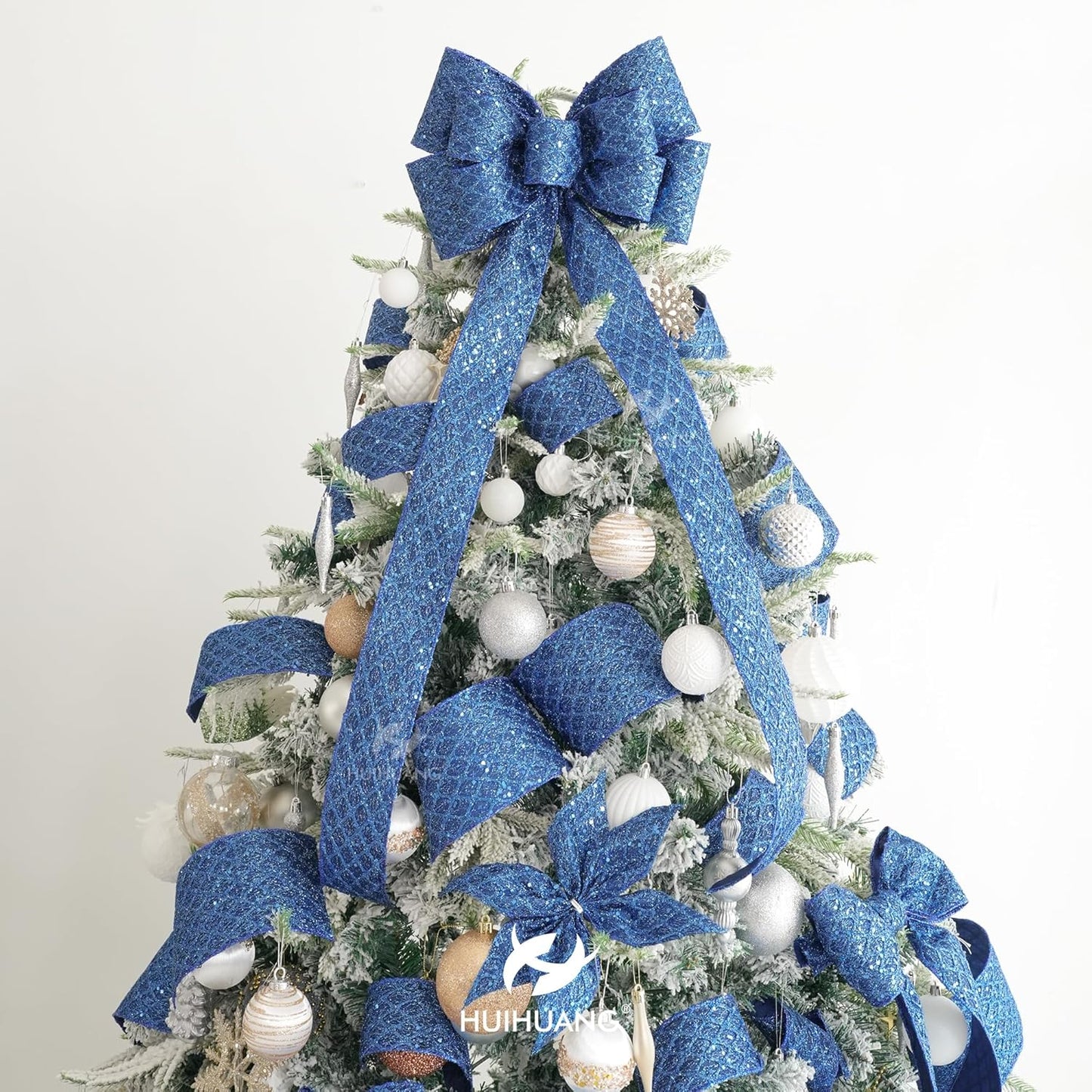 HUIHUANG Navy Blue Wired Christmas Ribbon 4 inch Navy Glitter Wired Ribbon Diamond Mesh Wire Ribbon for X-mas Tree Decorations, Wreaths, Garland, Large Bows Making, Home Decor -10 Yards