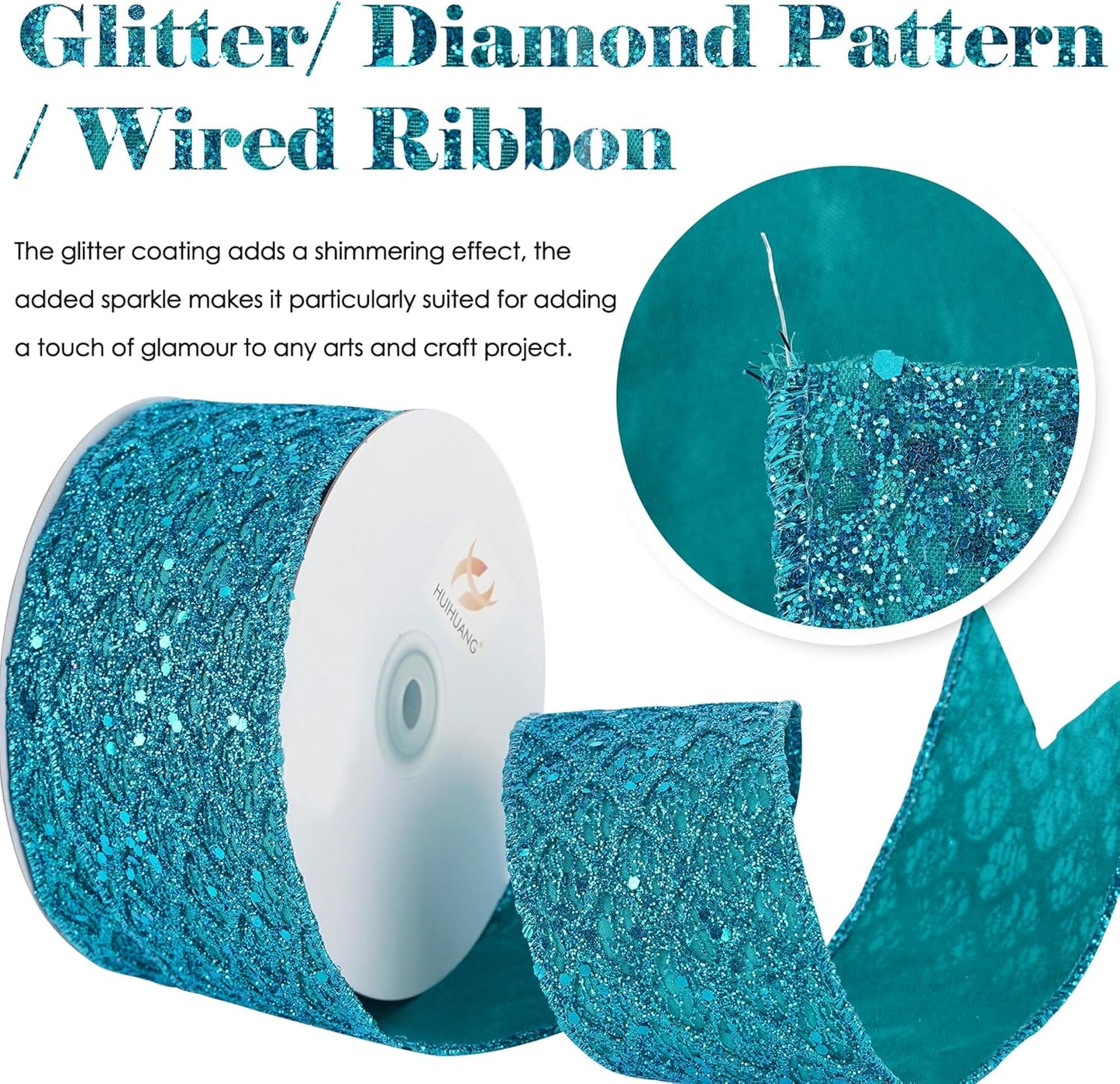 HUIHUANG Turquoise Glitter Wired Ribbon for Christmas Tree 2.5 inch Peacock Blue Diamond Mesh Ribbon for Tree Decoration, Wreaths, Garland, Gift Wrapping, Large Bows Making, Home Decor -10 Yards