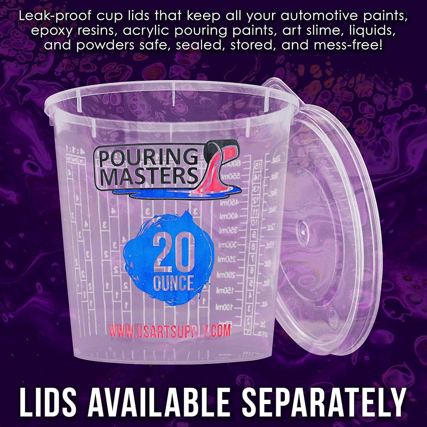 Pouring Masters 20 Ounce (600ml) Graduated Plastic Mixing Cups (Box of 12) - Paint Mixing Cups for Epoxy Resin, Art, Kitchen, Baking - Measurements in OZ and ML, 4 Different Measuring Ratios 1:1