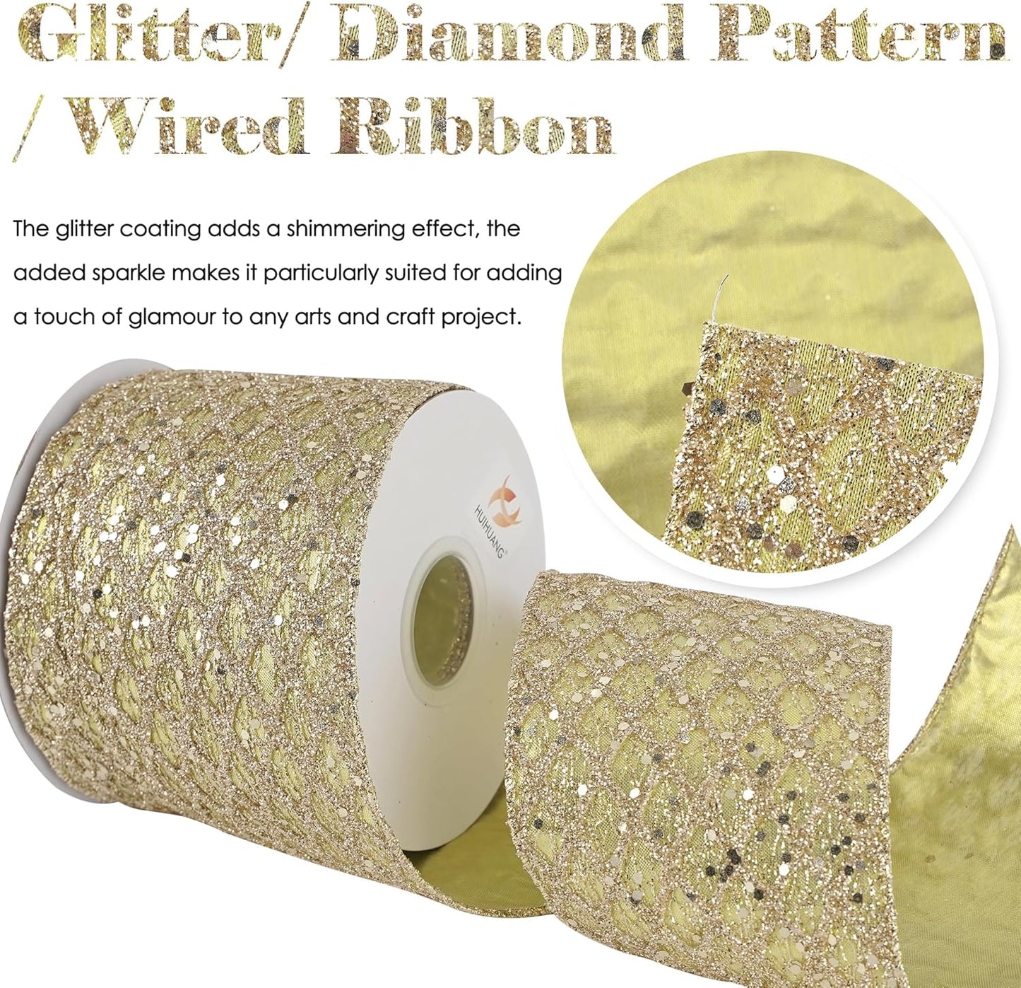 HUIHUANG Champagne Gold Christmas Ribbon 4 inch Glitter Wired Ribbon Diamond Mesh Wire Ribbon for X-mas Tree Decorations, Wreaths, Garland, Large Bows Making, Wedding Decor -10 Yards