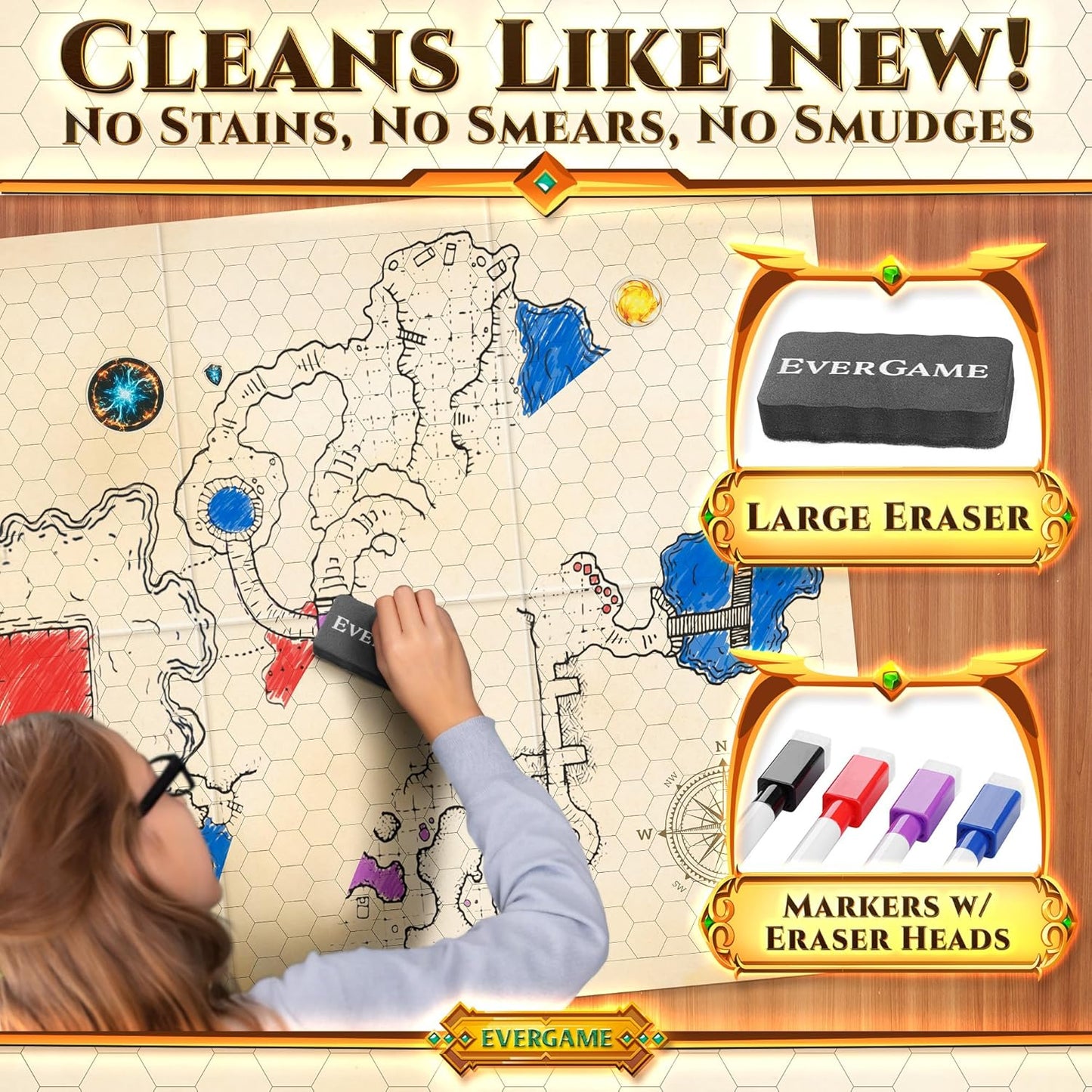 10 DND Game Mats and a lot More - Includes 6 Dungeons & Dragons Board Game Battle Maps (1" Square Grid), Huge Size 22x26-4 3D Battle Arenas, 140+ Reusable Stickers, 4 Markers & Eraser, by EverGame