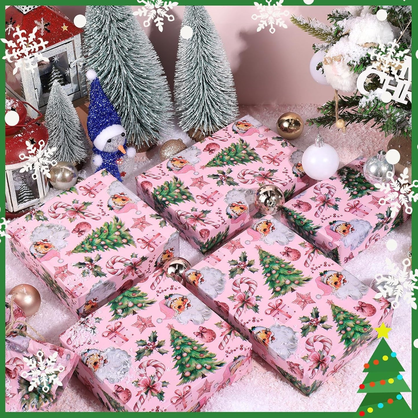 100 Sheets Pink Santa Tissue Paper, Santa Claus Xmas Tree Berries Bell Patterns Decorative Art Paper for Winter Home Party DIY Crafts Christmas Party Supplies, 13.8 x 19.7 Inch