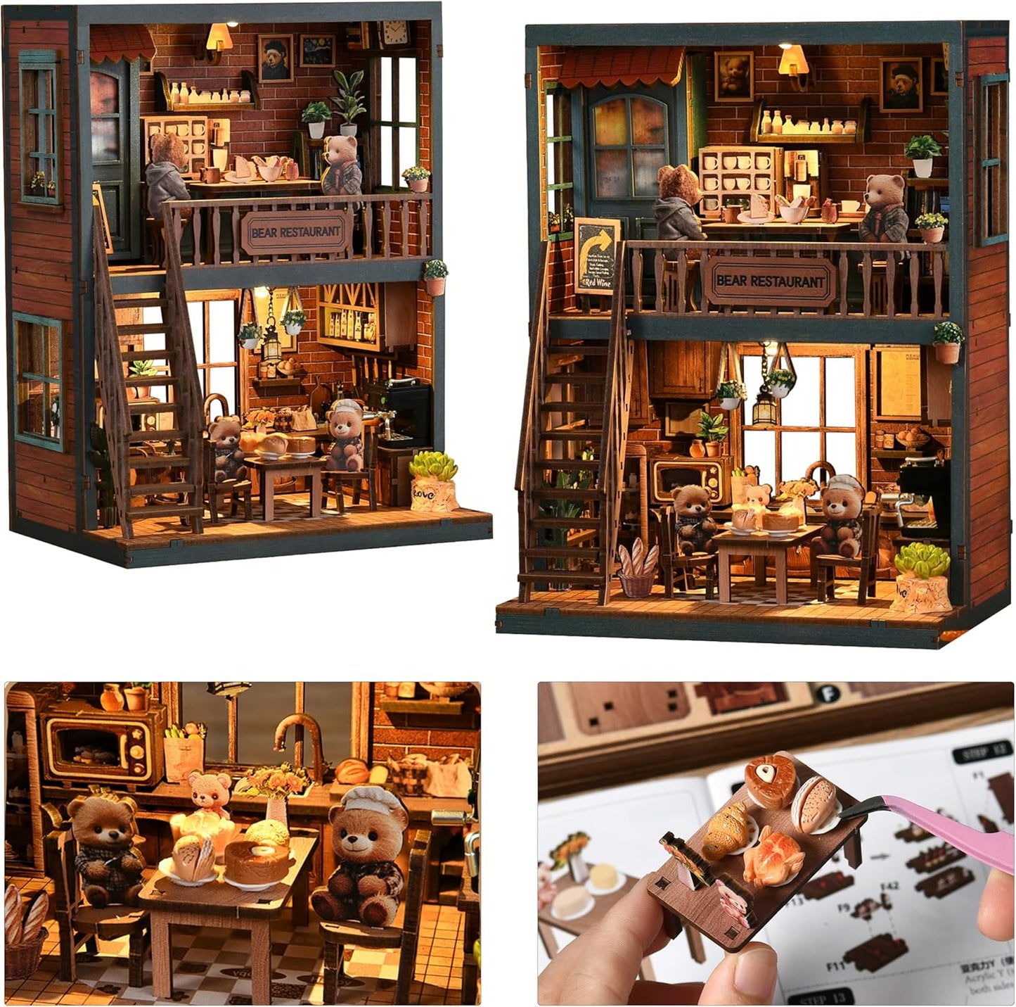 ISSEVE Book Nook Kit - DIY Miniature House Kit for Adults, Teens and Beginners, Dollhouse Booknook Craft Tiny House Bookshelf Decor 3D Wooden Puzzle, Gifts for Friends Family (Bear Restaurant)
