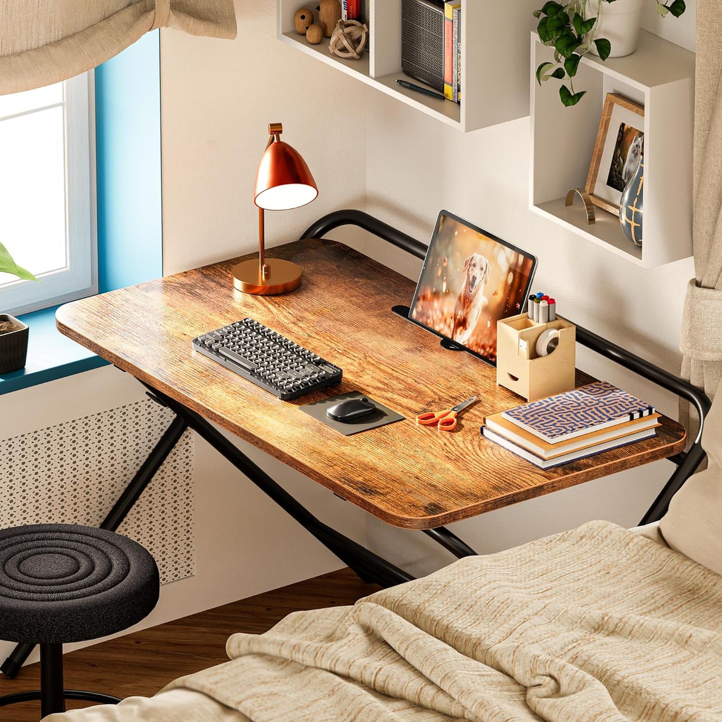 Huuger Folding Desk with 3-Level Adjustable Height and Tablet Slot, 32 Inch Foldable Computer Desk for Small Spaces, Space Saving, Writing Work Table for Home Office, Bedroom, Study, Rustic Brown