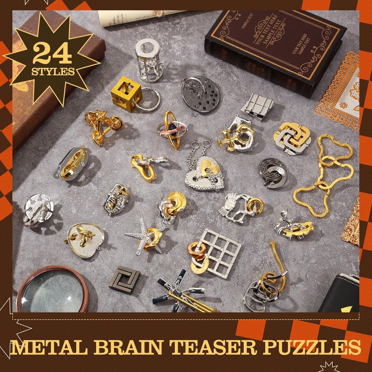 Yilloog 24 Pcs Metal Brain Teaser Puzzles Assortment for Adults Difficult Magic Puzzles Highly Hard Brain Games Iq Logic Test Disentanglement Game for Classroom Mind Challenge (Funny)