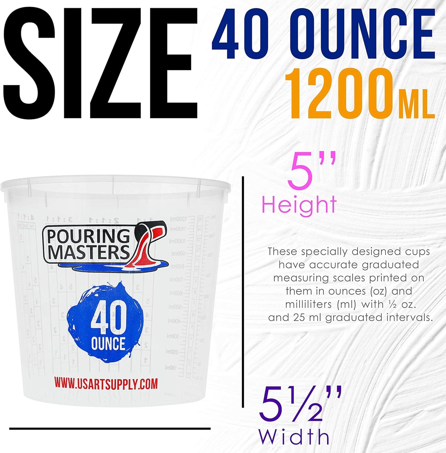 Pouring Masters 40 Ounce (1200ml) Graduated Plastic Mixing Cups (Box of 24) - Paint Mixing Cups for Epoxy Resin, Art, Kitchen, Baking - Measurements in OZ and ML, 4 Different Measuring Ratios 1:1