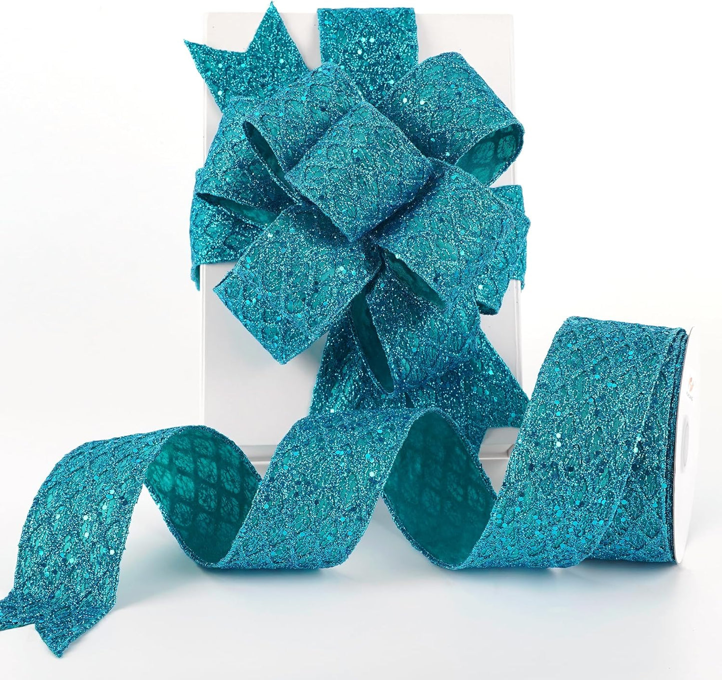 HUIHUANG Turquoise Glitter Wired Ribbon for Christmas Tree 2.5 inch Peacock Blue Diamond Mesh Ribbon for Tree Decoration, Wreaths, Garland, Gift Wrapping, Large Bows Making, Home Decor -10 Yards