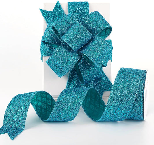 HUIHUANG Turquoise Glitter Wired Ribbon for Christmas Tree 2.5 inch Peacock Blue Diamond Mesh Ribbon for Tree Decoration, Wreaths, Garland, Gift Wrapping, Large Bows Making, Home Decor -10 Yards