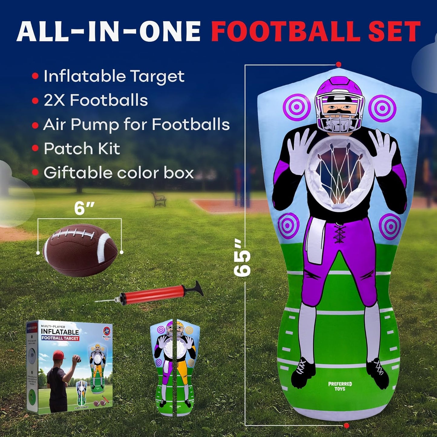 Inflatable Football Target - Double-Sided Toss Training Game with Mini Footballs - Fun Kids Throwing Football Games for Indoors, Outdoors, Birthdays, Camping, Beach - 65 Inch