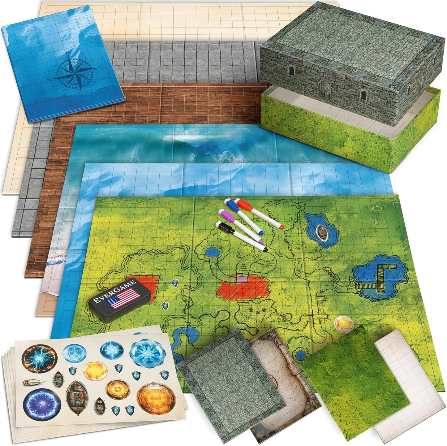 10 DND Game Mats and a lot More - Includes 6 Dungeons & Dragons Board Game Battle Maps (1" Square Grid), Huge Size 22x26-4 3D Battle Arenas, 140+ Reusable Stickers, 4 Markers & Eraser, by EverGame