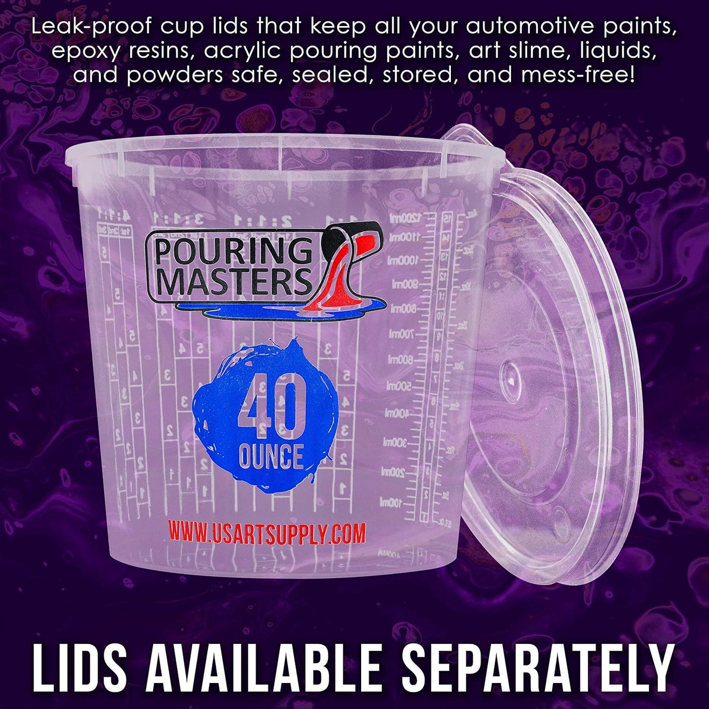 Pouring Masters 40 Ounce (1200ml) Graduated Plastic Mixing Cups (Box of 24) - Paint Mixing Cups for Epoxy Resin, Art, Kitchen, Baking - Measurements in OZ and ML, 4 Different Measuring Ratios 1:1