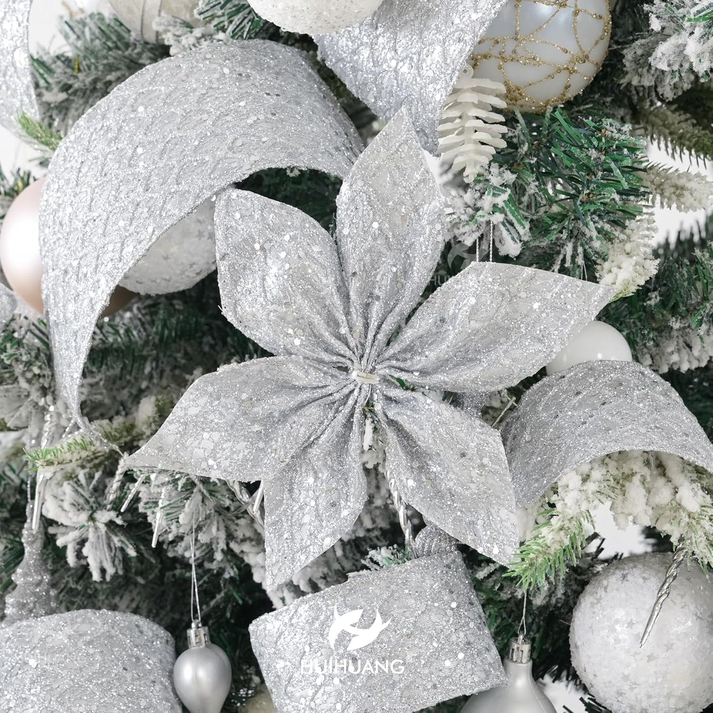 HUIHUANG Silver Glitter Wired Ribbon for Christmas Tree 2.5 inch Silver Diamond Mesh Ribbon for Tree Decoration, Wreaths, Garland, Gift Wrapping, Large Bows Making, Home Decor -10 Yards