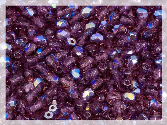 100pcs of Faceted Fire Polished Pressed Czech Glass Beads 4mm (0.16in), Amethyst AB Violet Purple 20060-28701 BCV