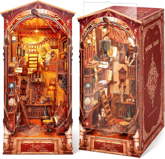 3D Wood Puzzle Book Nook Kit, DIY Magical Miniature Dollhouse with LED Light, Magic World Bookshelf Insert Bookend for Display, 3D Puzzle Craft Set for Adults (Magic World)