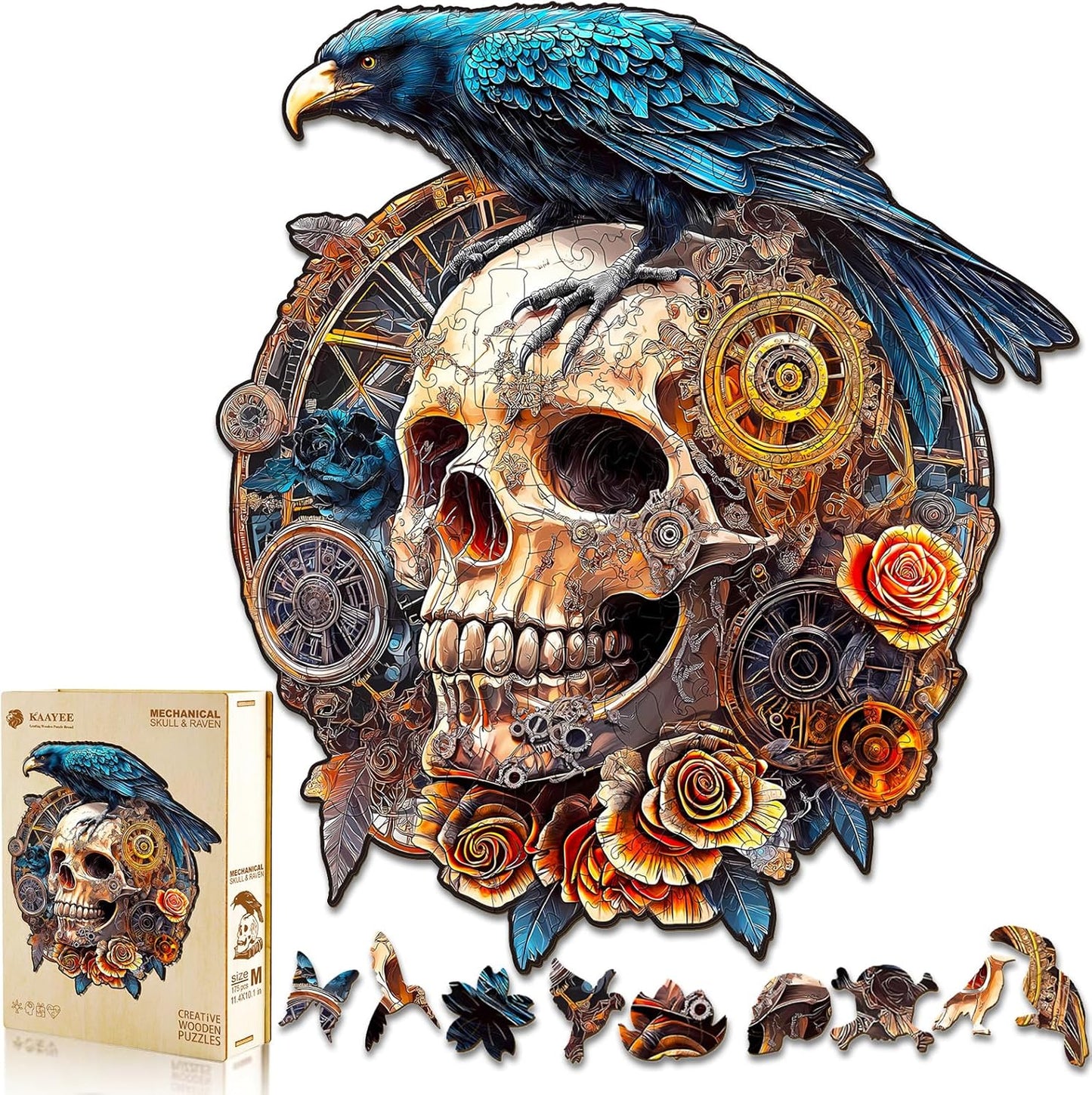 KAAYEE Wooden Puzzles for Adults, 3D Visual Effect Raven & Mechanical Skull Wooden Jigsaw Puzzle Unique Shape Wood Puzzle Adult, 3D Effect Flat Puzzle Birthday Family Games (S-8.5 * 7.5in-95pcs)